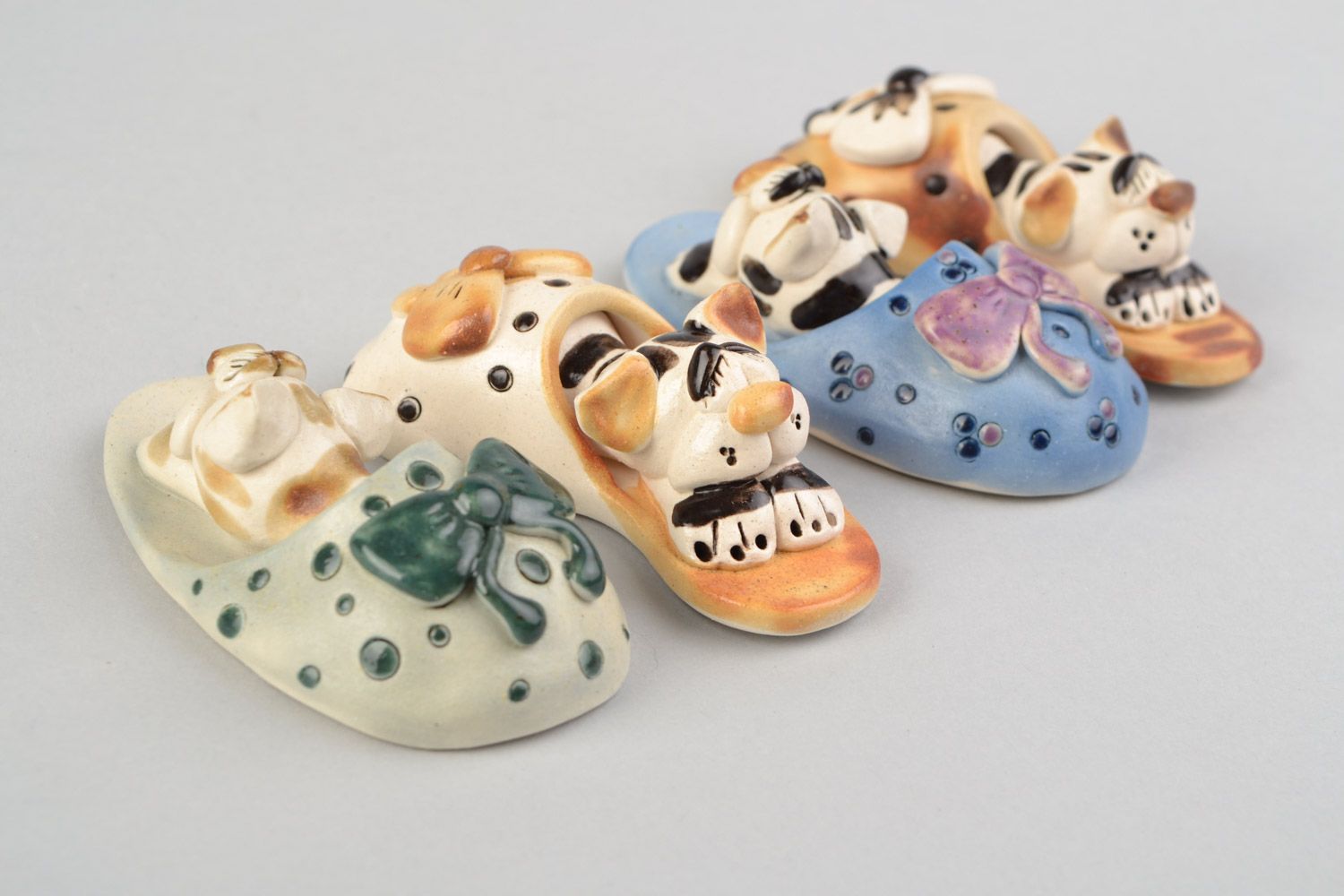 Set of 4 handmade designer miniature ceramic figurines of cats in slippers photo 5