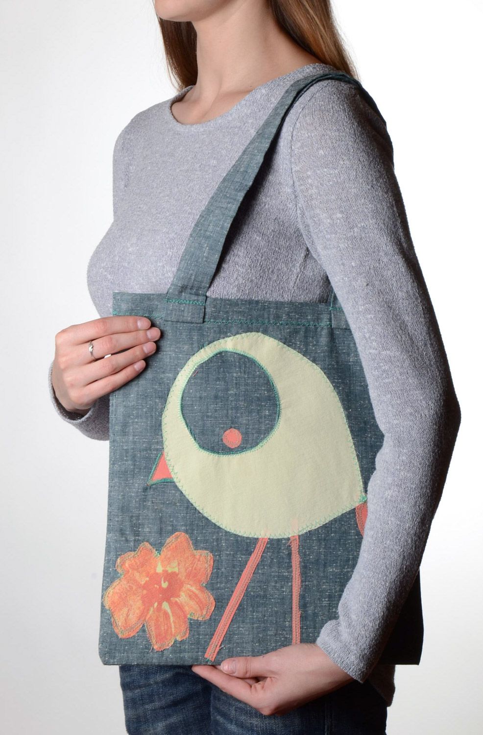Gray handmade big designer shoulder bag for women made of fabric with applique photo 1