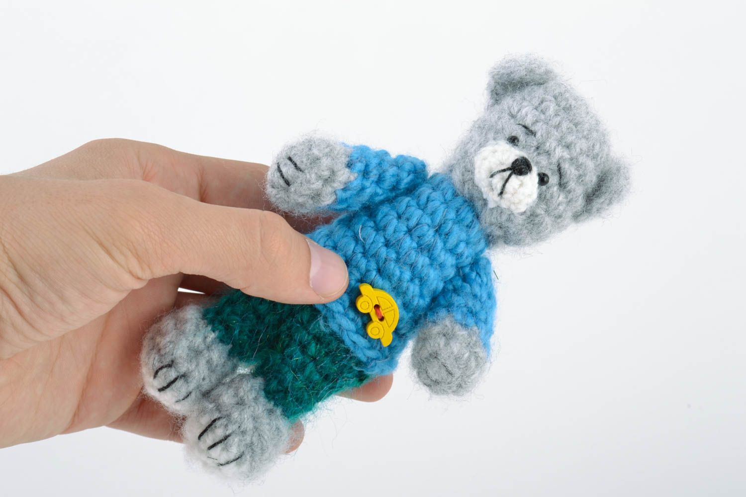 Jouet nounours tricoté en fils de laine fait main gris petit original enfant photo 2