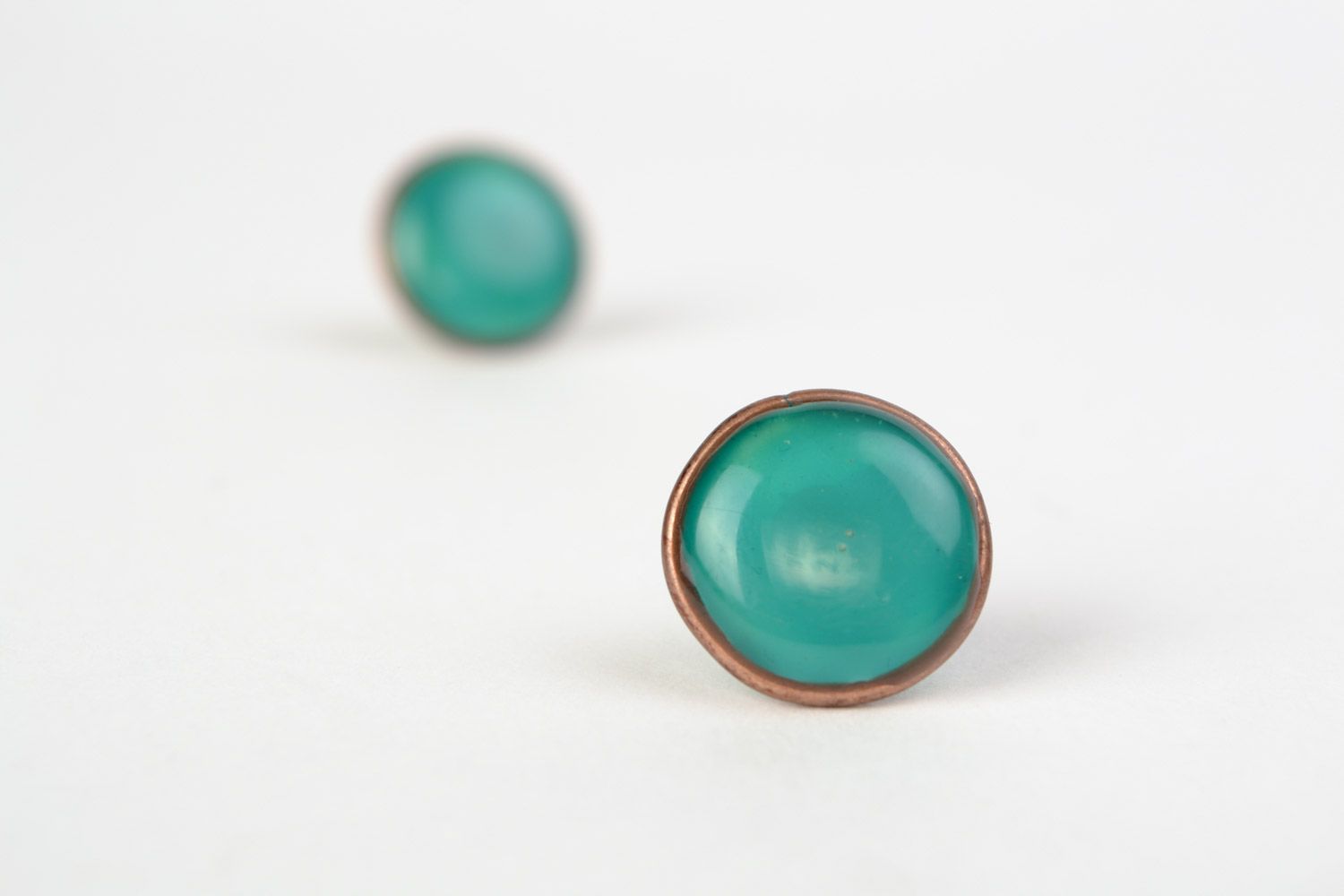 Handmade small tender stud earrings with jewelry glaze of turquoise color photo 5