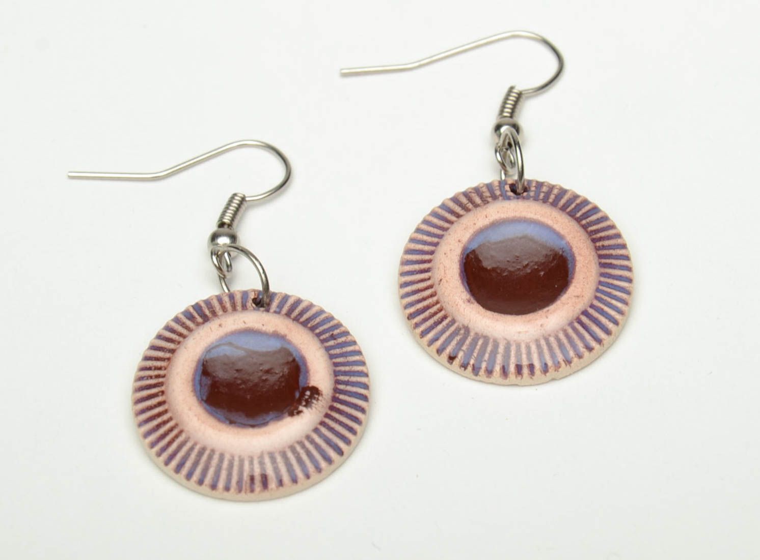 Unusual clay earrings painted with color enamels photo 2