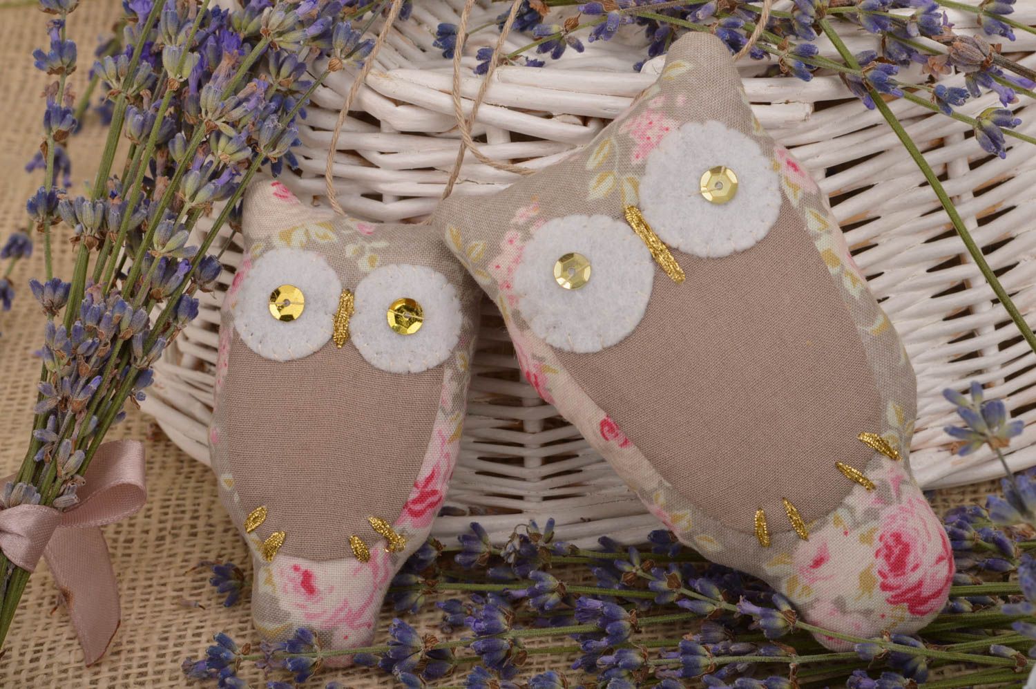 Set of 2 handmade decorative fabric wall hangings soft toys owls for interior photo 1