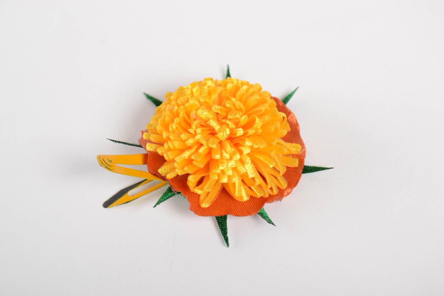 Handmade yellow hair clip unusual fleece accessory hair clip in shape of flower photo 5