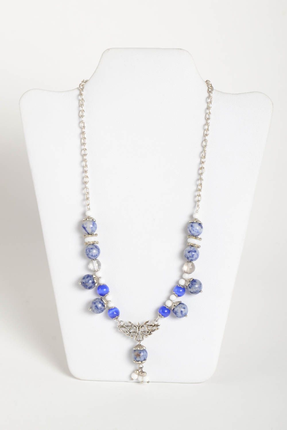Handmade elegant blue necklace unusual stylish necklace designer jewelry photo 1