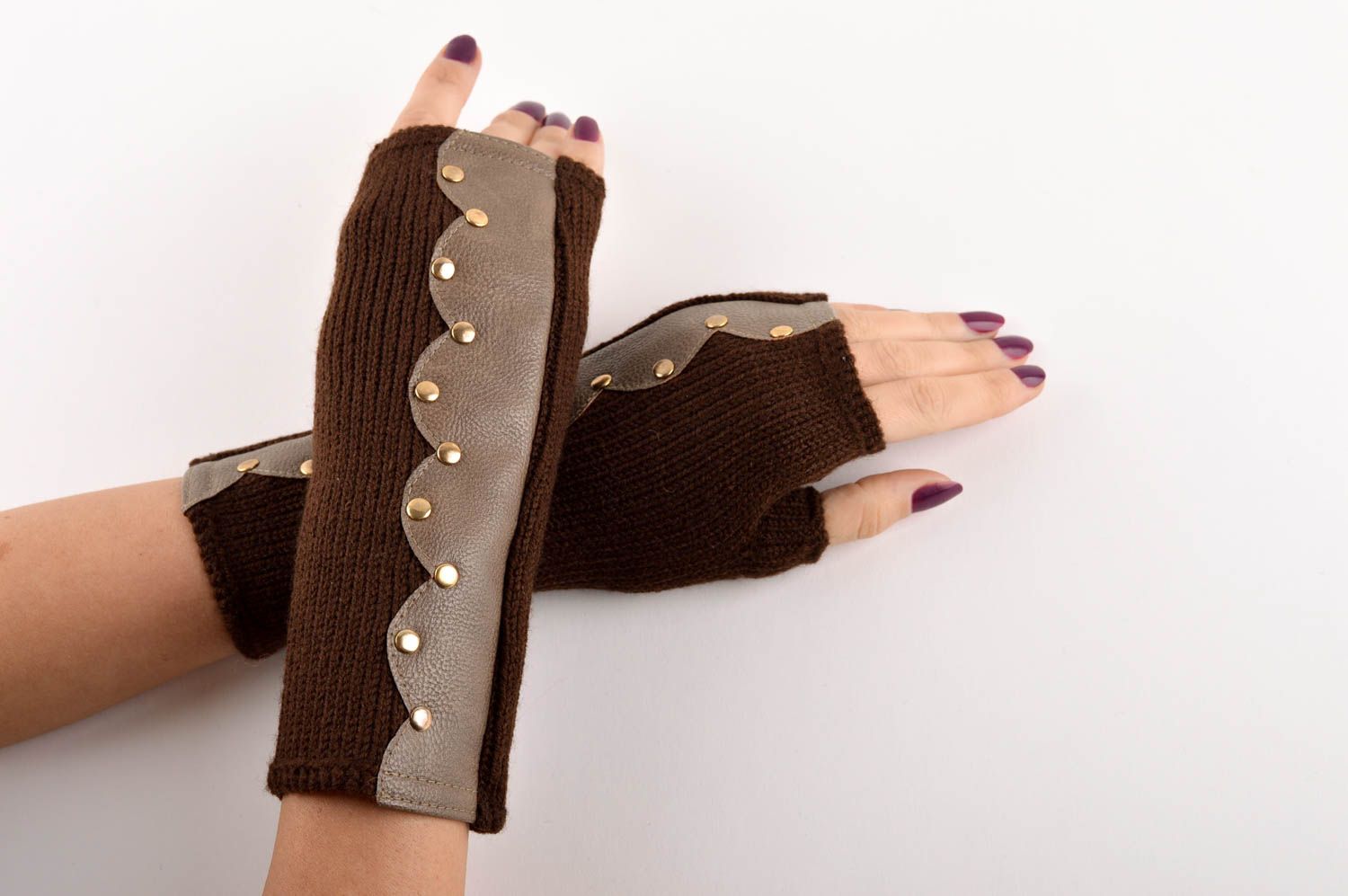 Перчатки без пальцев хэнд мэйд женские перчатки коричневые митенки женские фото 5