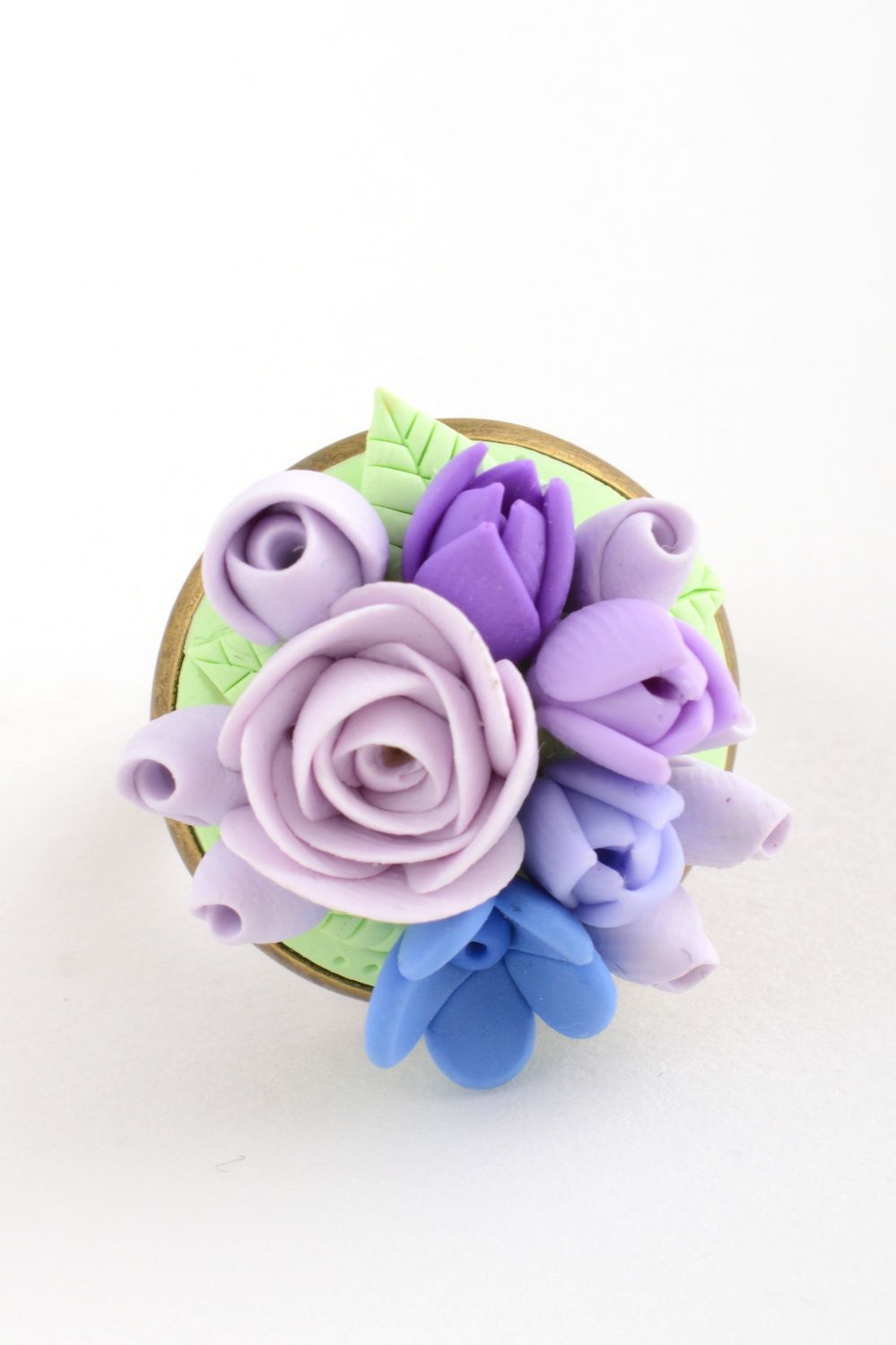 Handmade designer jewelry ring with metal basis and polymer clay blue flowers photo 2