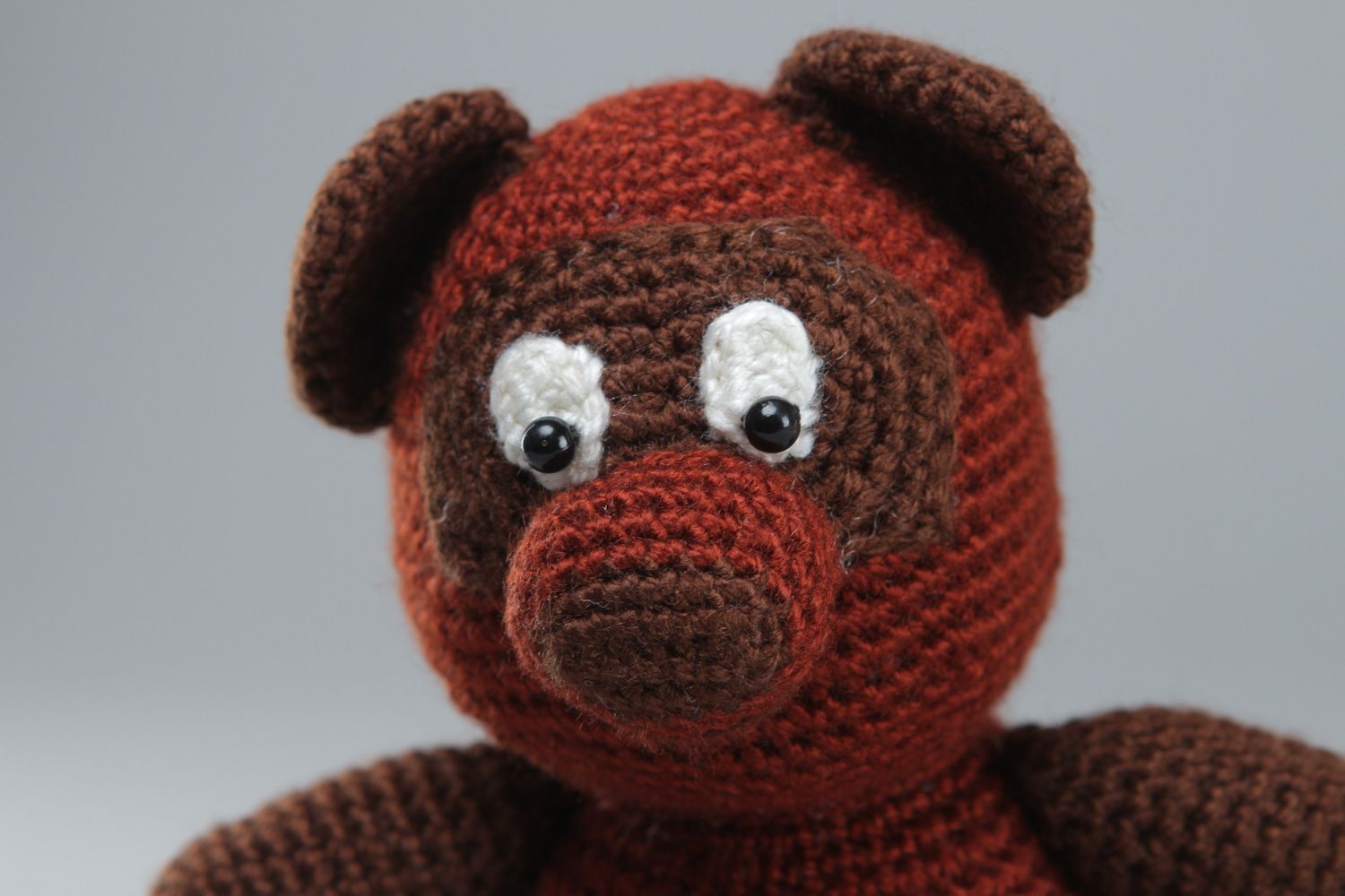 Cute handmade soft toy bear crocheted of brown acrylic threads for children photo 2