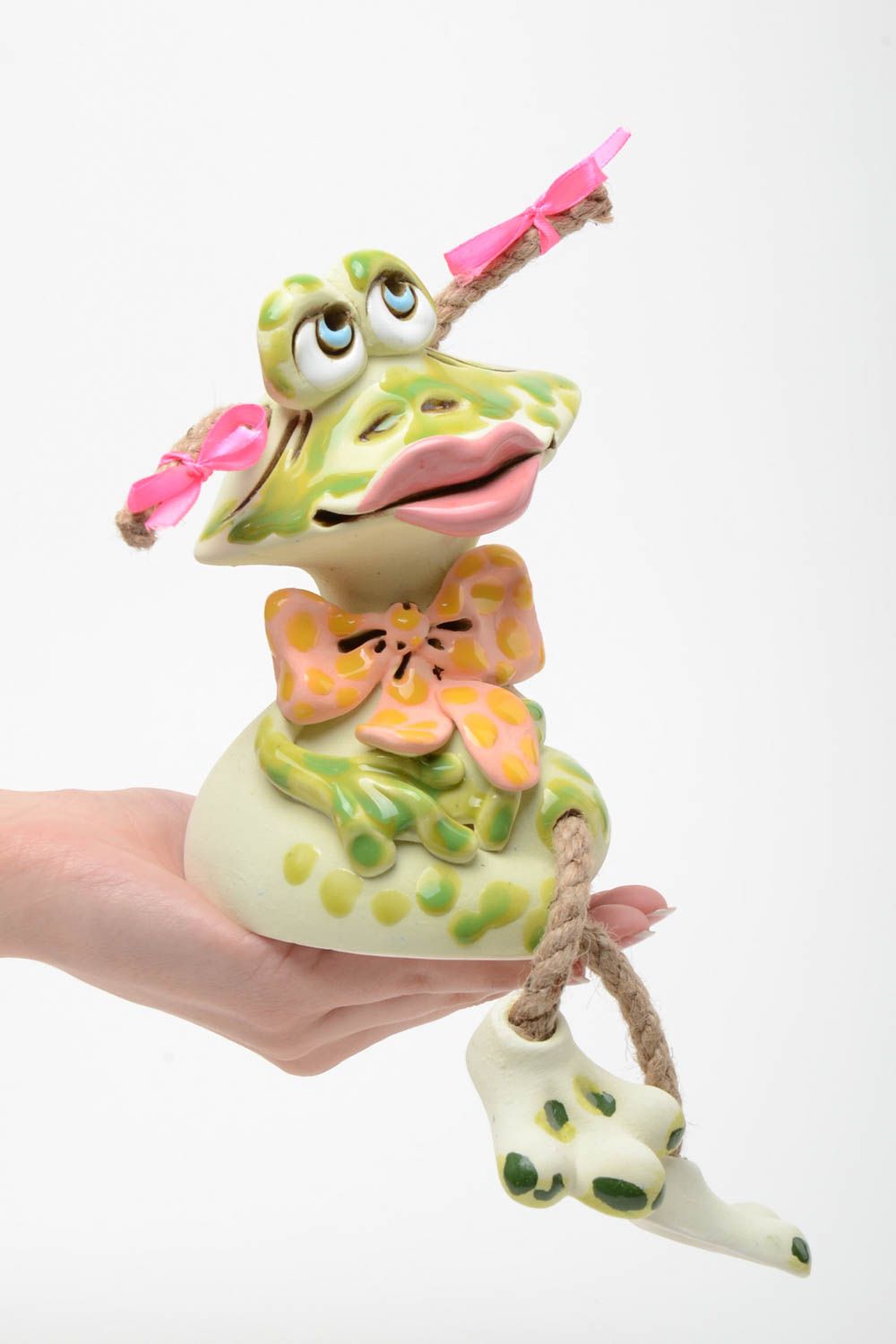 Bright handmade semi porcelain painted ceramic money box in the shape of frog photo 5