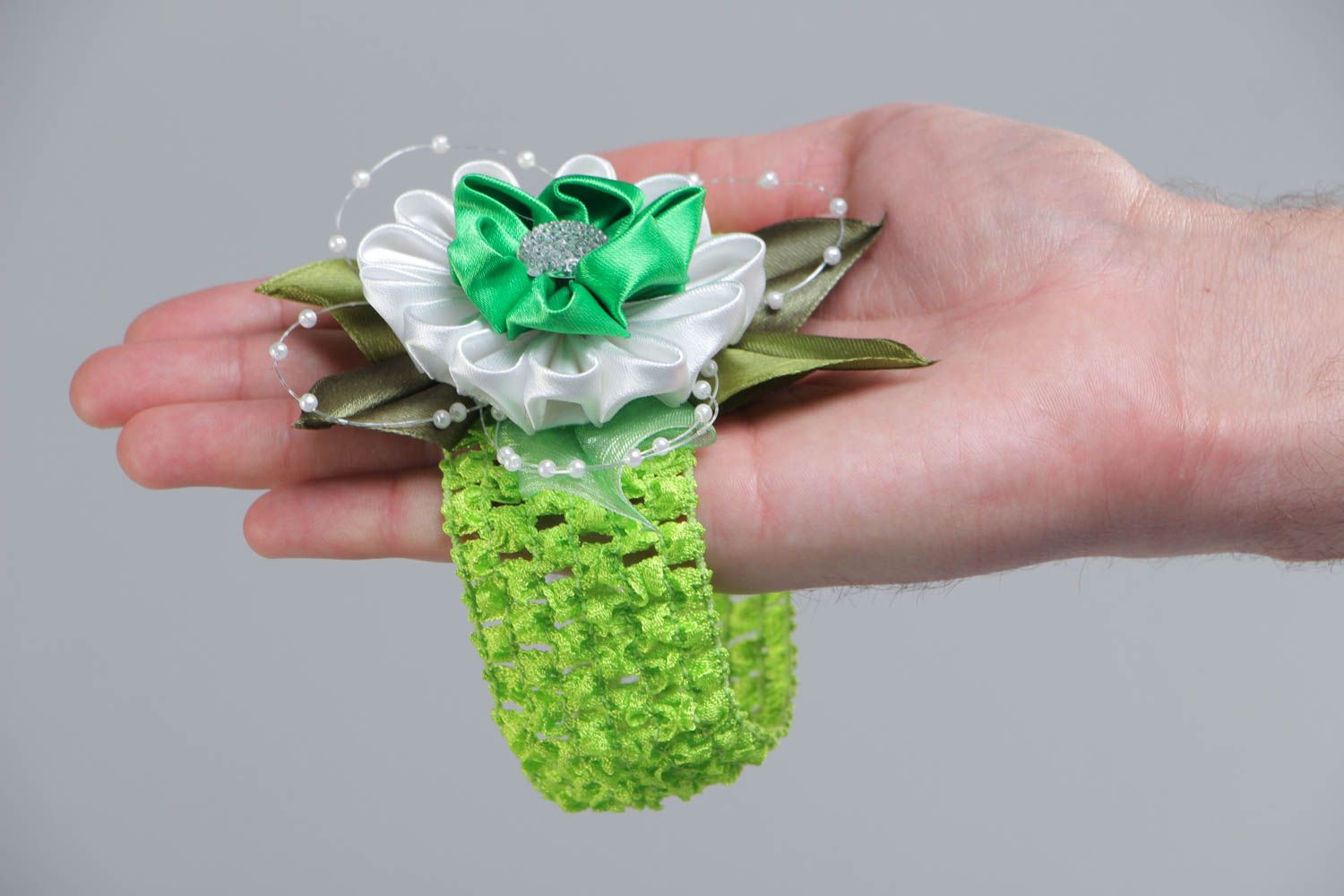 Handmade light green decorative headband with stretch basis and kanzashi flower photo 5