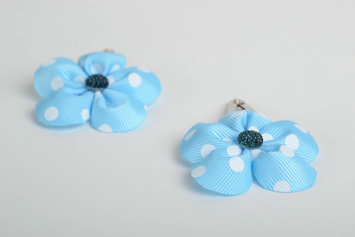 Set of 2 handmade hair clips with small blue dotted ribbon flowers for girls photo 4