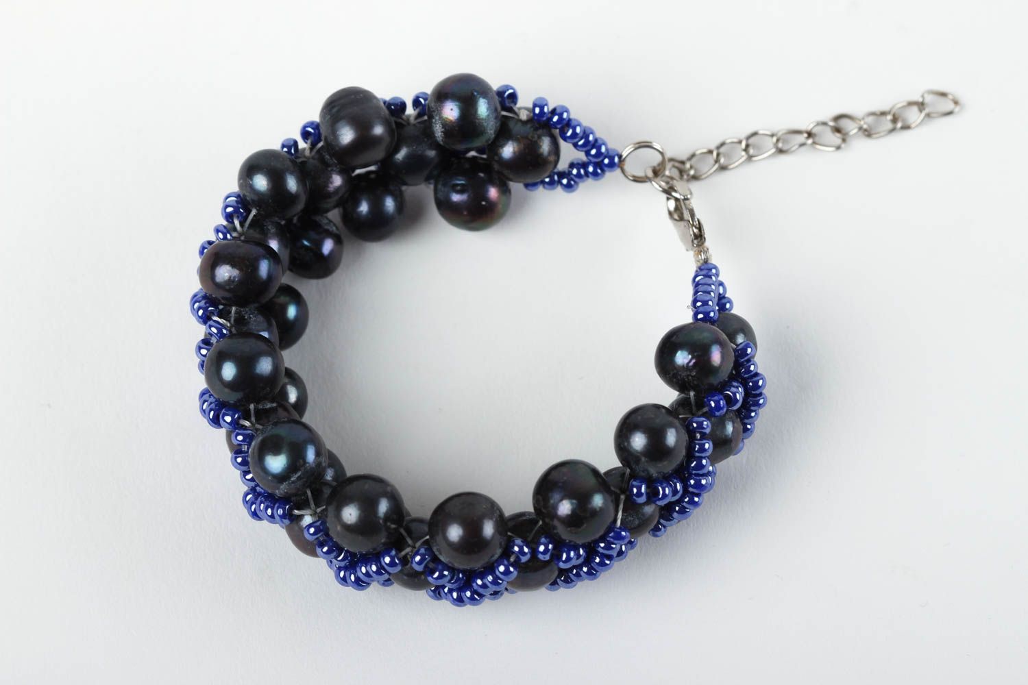 Украшение из жемчуга хэнд мейд бисерный браслет черный с синим модный браслет фото 2