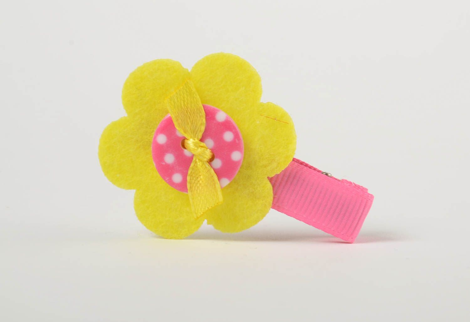 Желто-розовая заколка для волос из репсовой ленты и флиса детская ручной работы фото 4