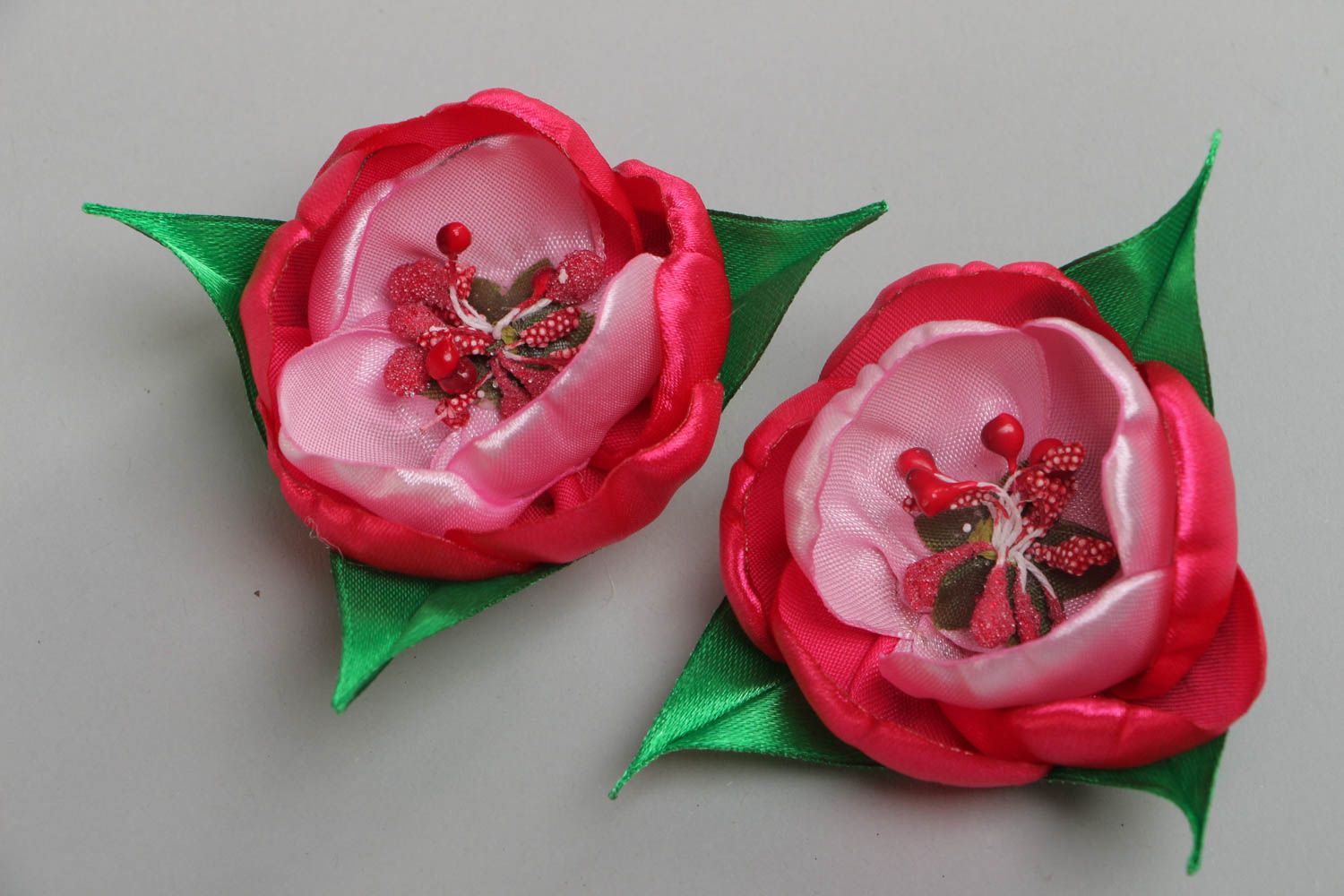Beautiful handmade satin ribbon flower hair clips for children 2 piece Peonies photo 2