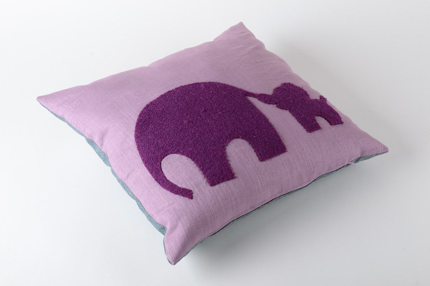 Handmade designer textile cushion with applique of lilac and purple colors photo 2