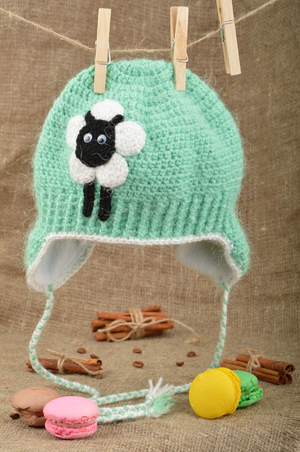 Beautiful handmade woven cap with sheep of mint color made of acrylics for kids photo 1