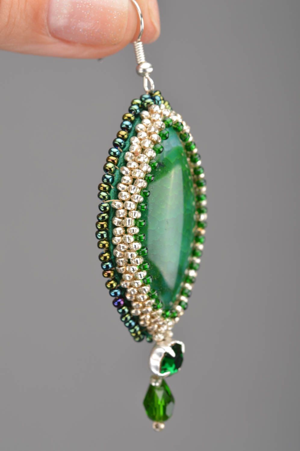 Handmade designer women's long beaded earrings with green agate photo 5