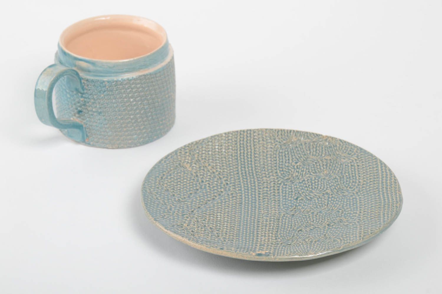 Посуда из глины набор из 2 штук чашка и тарелка голубые красивые ручная работа фото 2