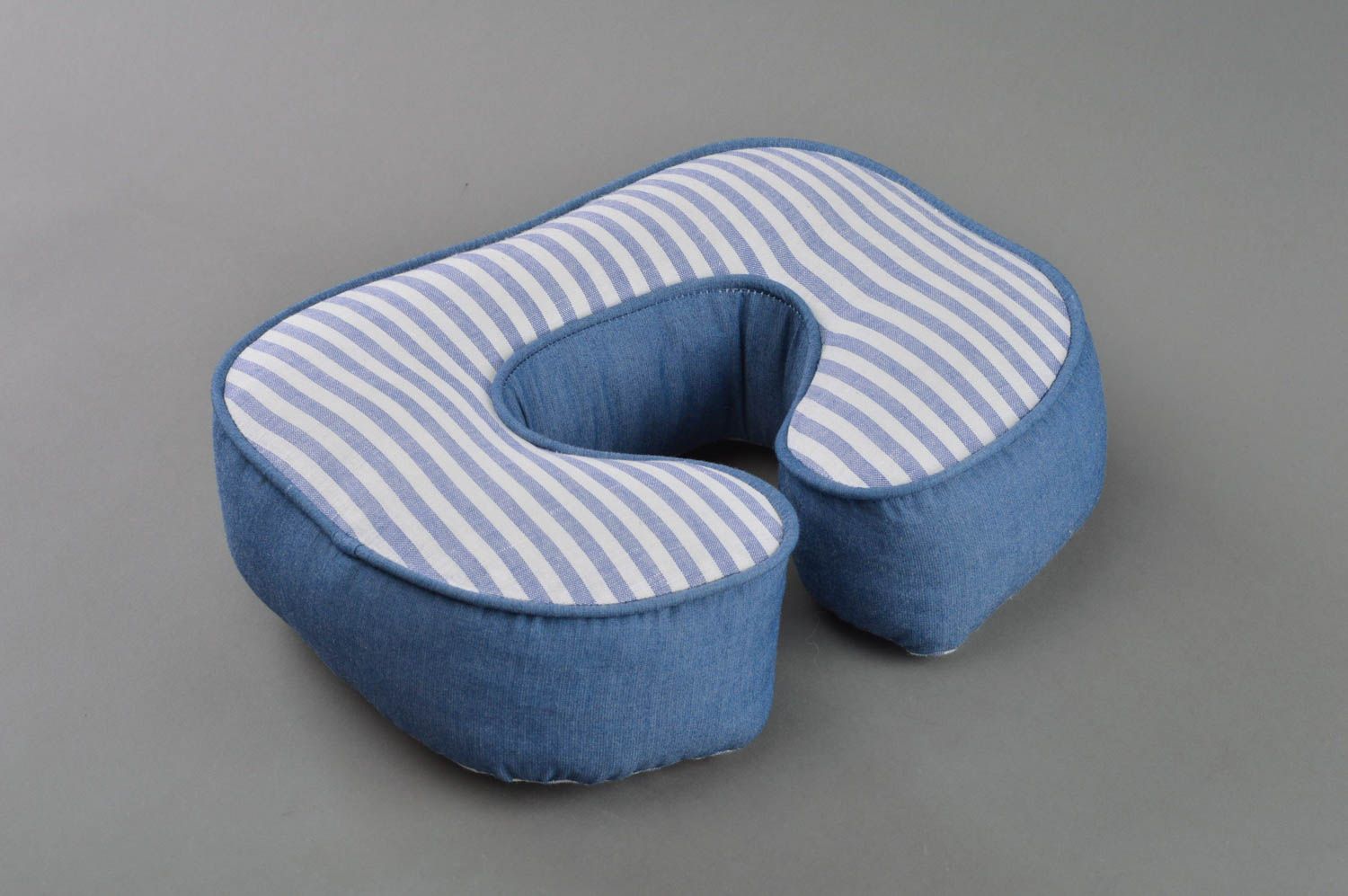 Homemade decorative soft toy pillow letter C sewn of blue and stripped fabric photo 2