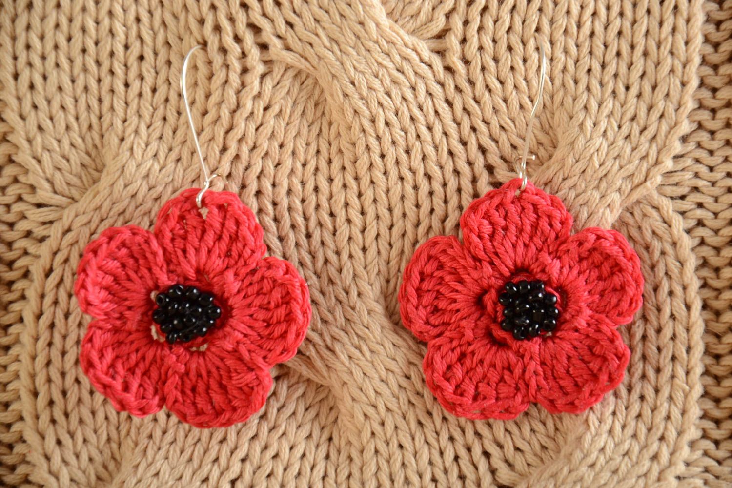 Handmade crochet poppy earrings