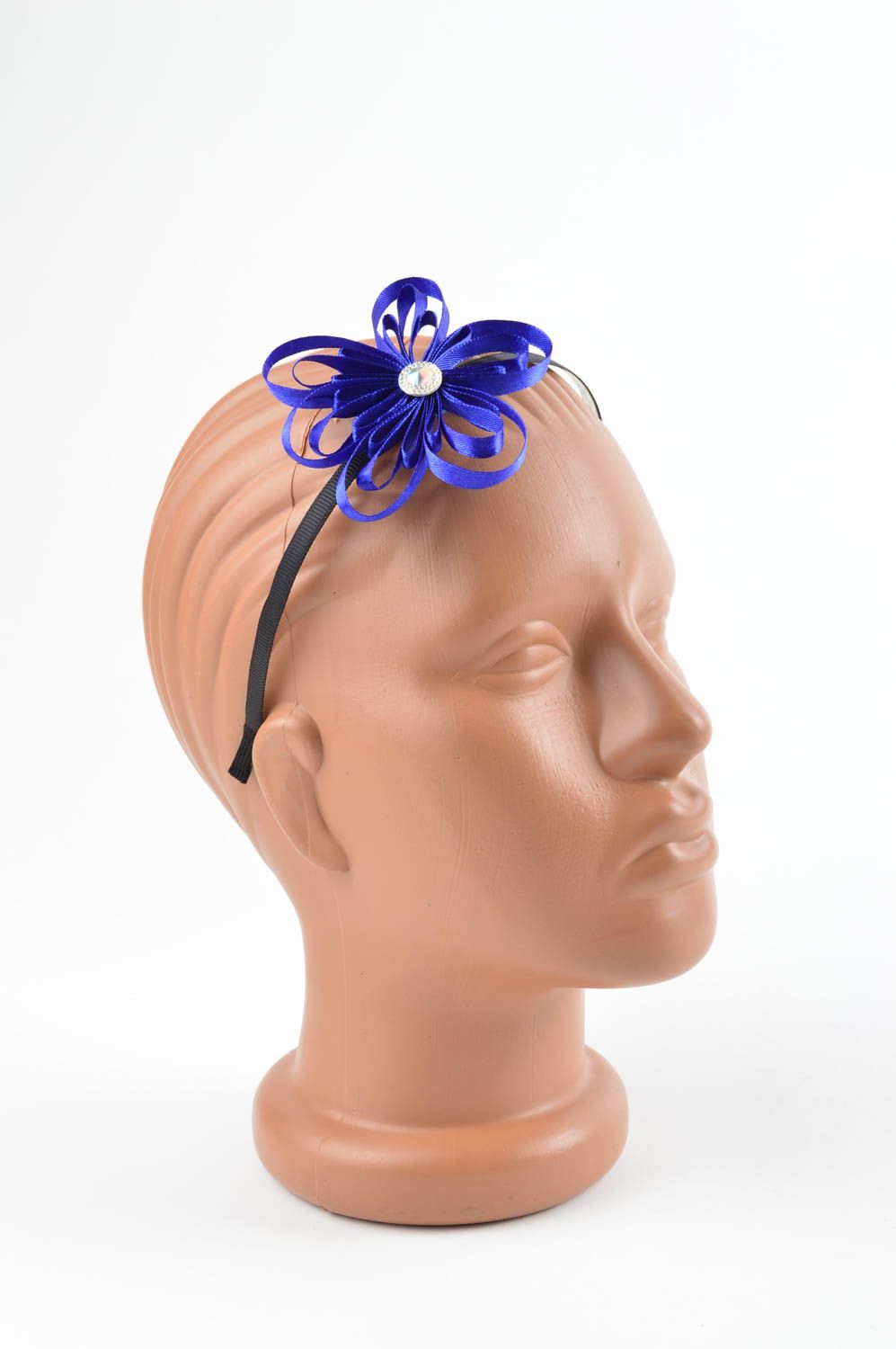 Serre-tête fleur Accessoire cheveux fait main bleu satin métal Cadeau femme photo 1