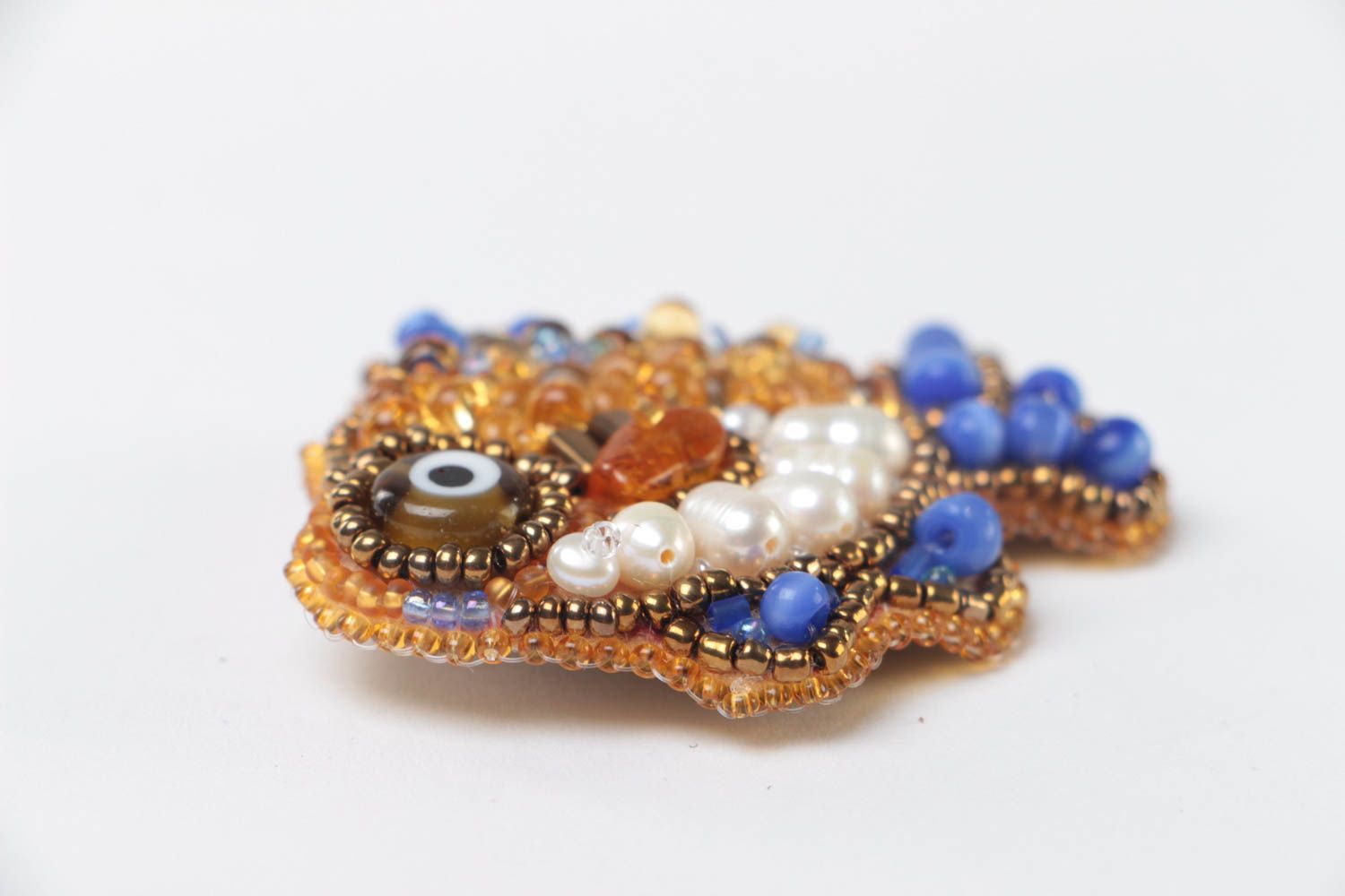 Women's handmade beaded brooch with Czech beads and river pearls photo 3