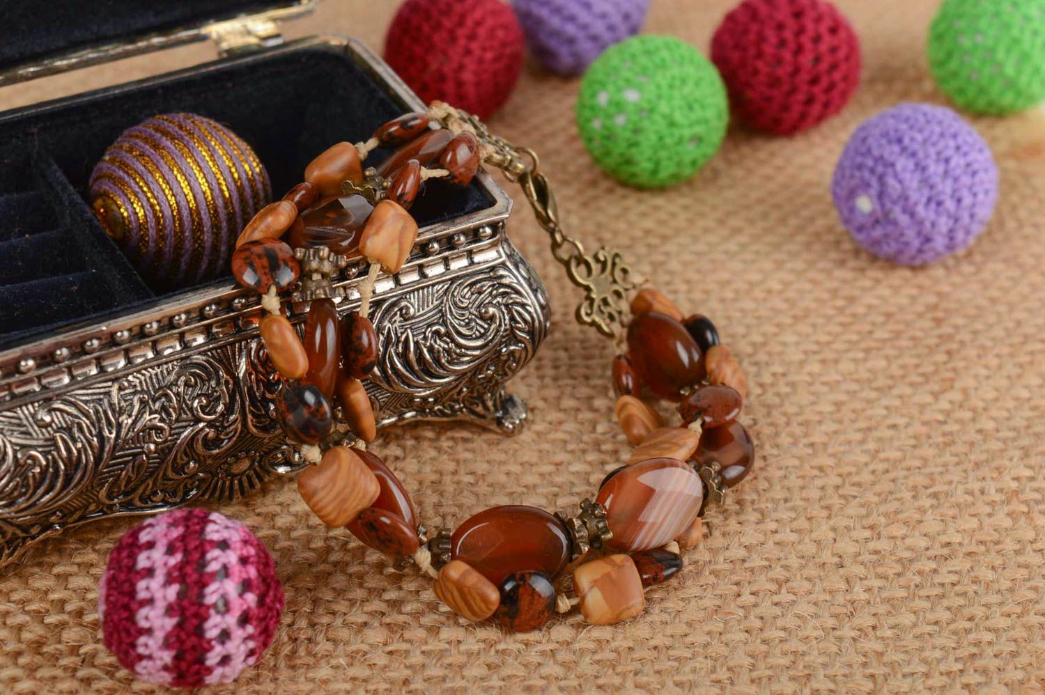 Handmade designer brown wrist bracelet with natural jasper and agate stones photo 1