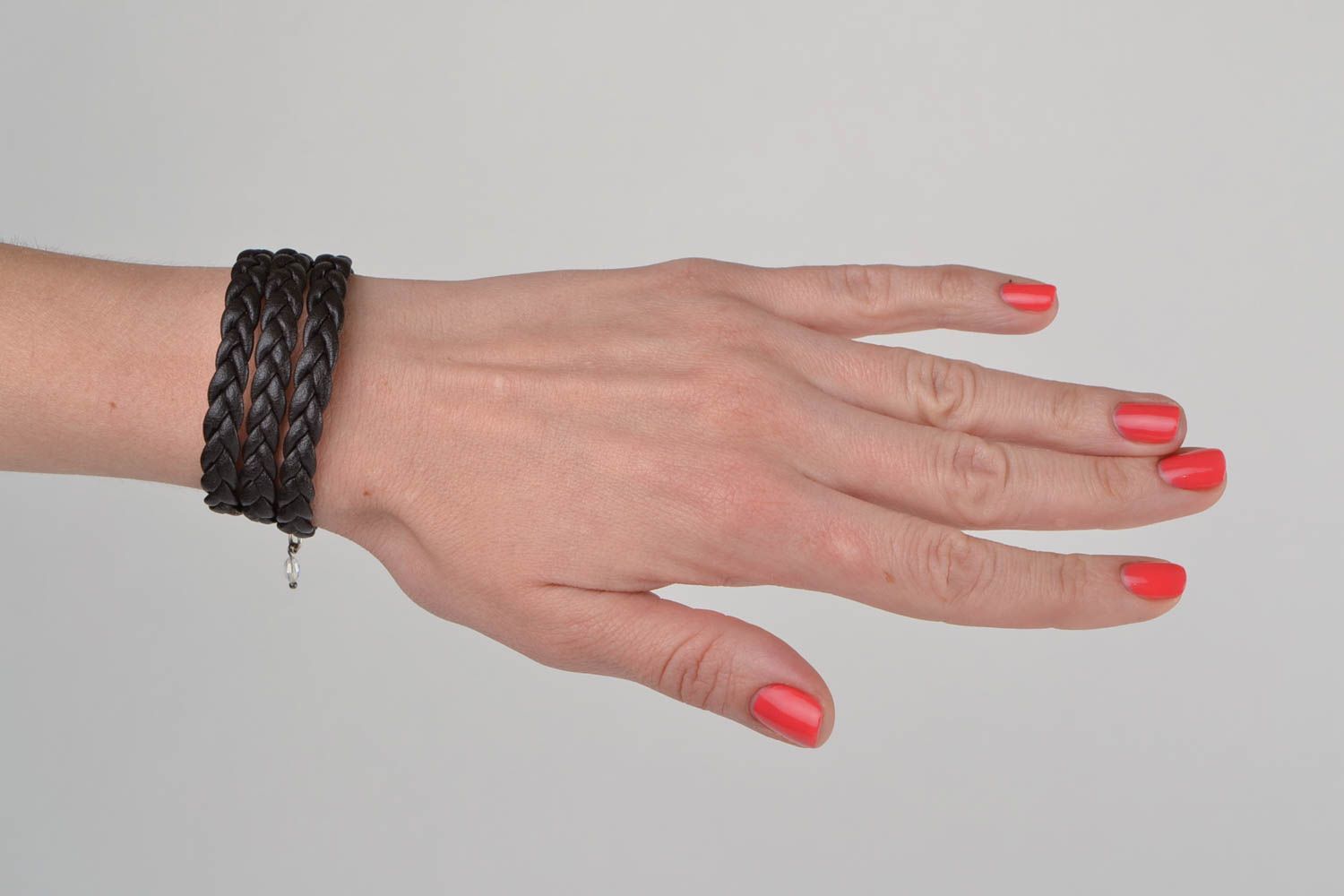Unusual handmade braided faux leather wrist bracelet of black color photo 2