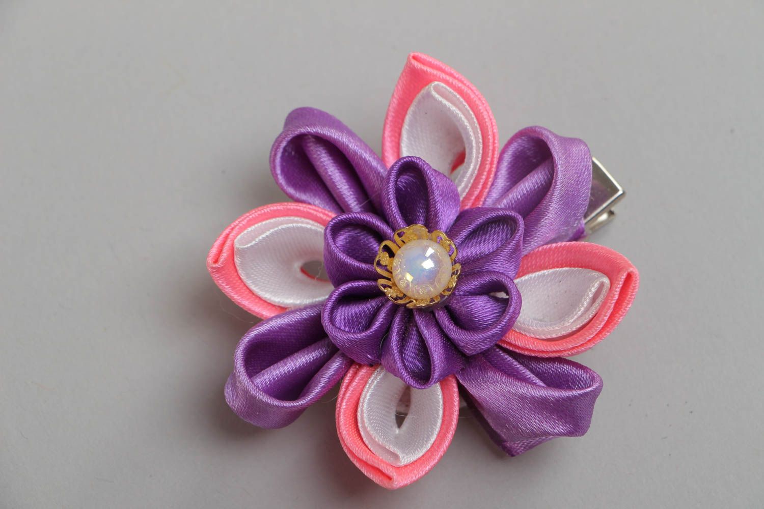 Handcrafted unique bobby pin made of satin ribbon in the form of a flower photo 2