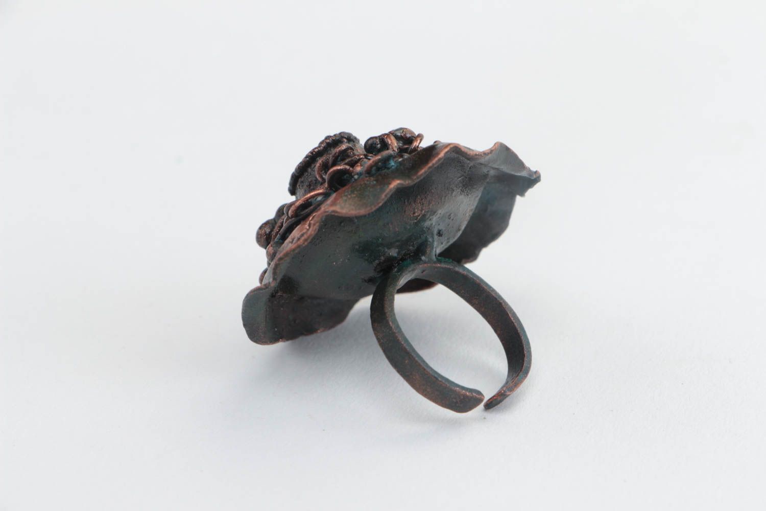 Beautiful handmade designer volume copper flower ring with galvanic coating photo 3