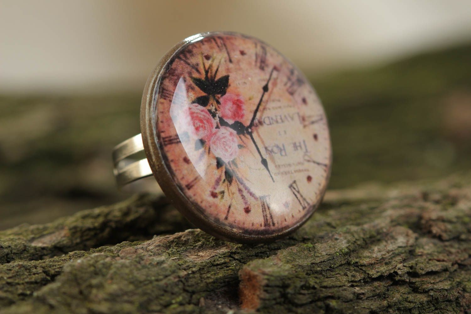 Handmade designer round metal and glass glaze jewelry ring with clock image photo 1