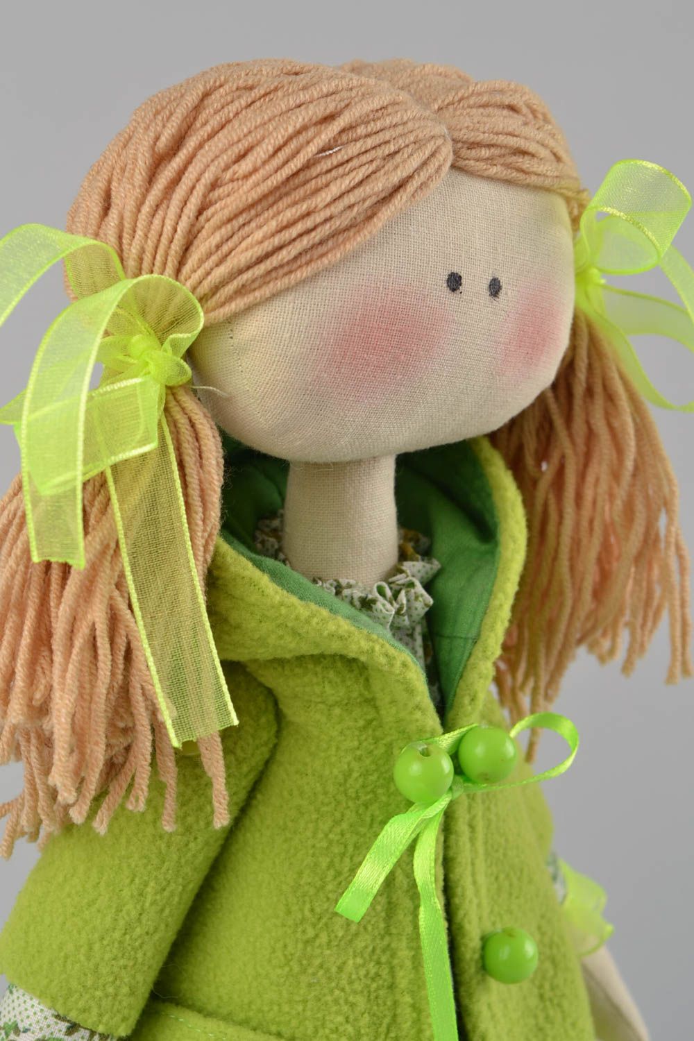 Handmade designer fabric soft doll girl in green clothing with pig tails photo 4