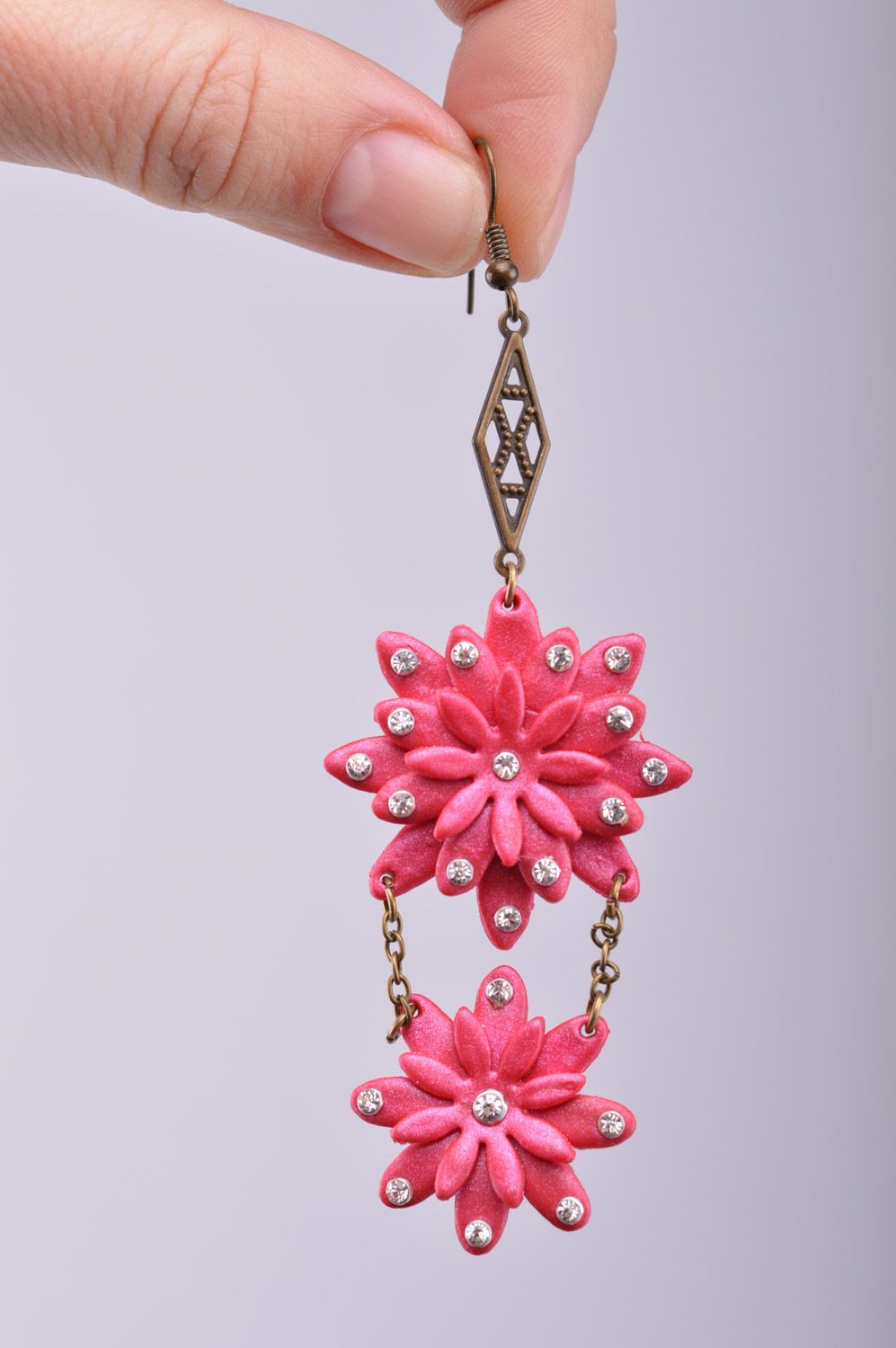 Beautiful handmade bright plastic long flower earrings Gerbera  photo 1