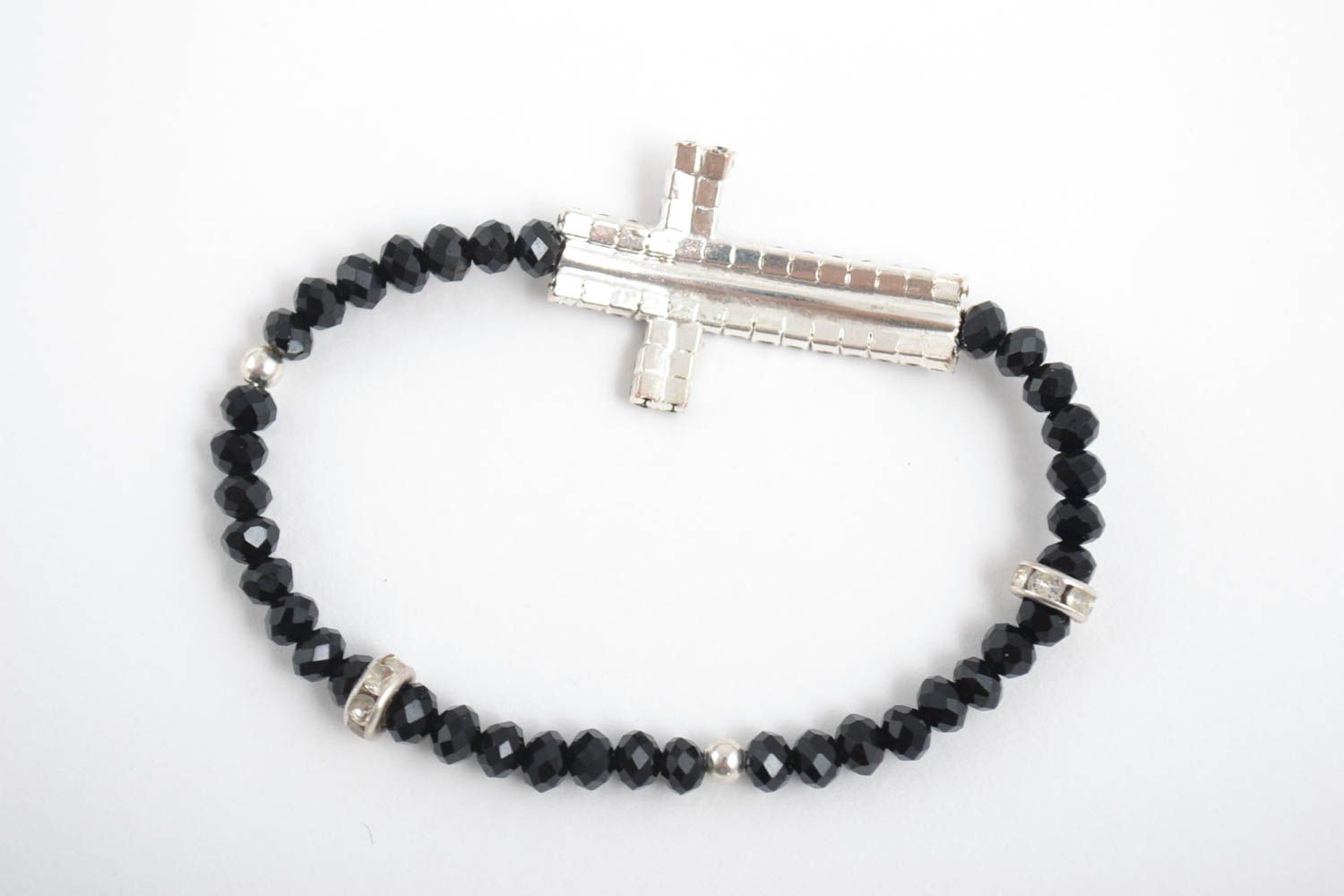 Bracelet noir Bijou fait main Accessoire femme croix élastique perles cristal photo 3