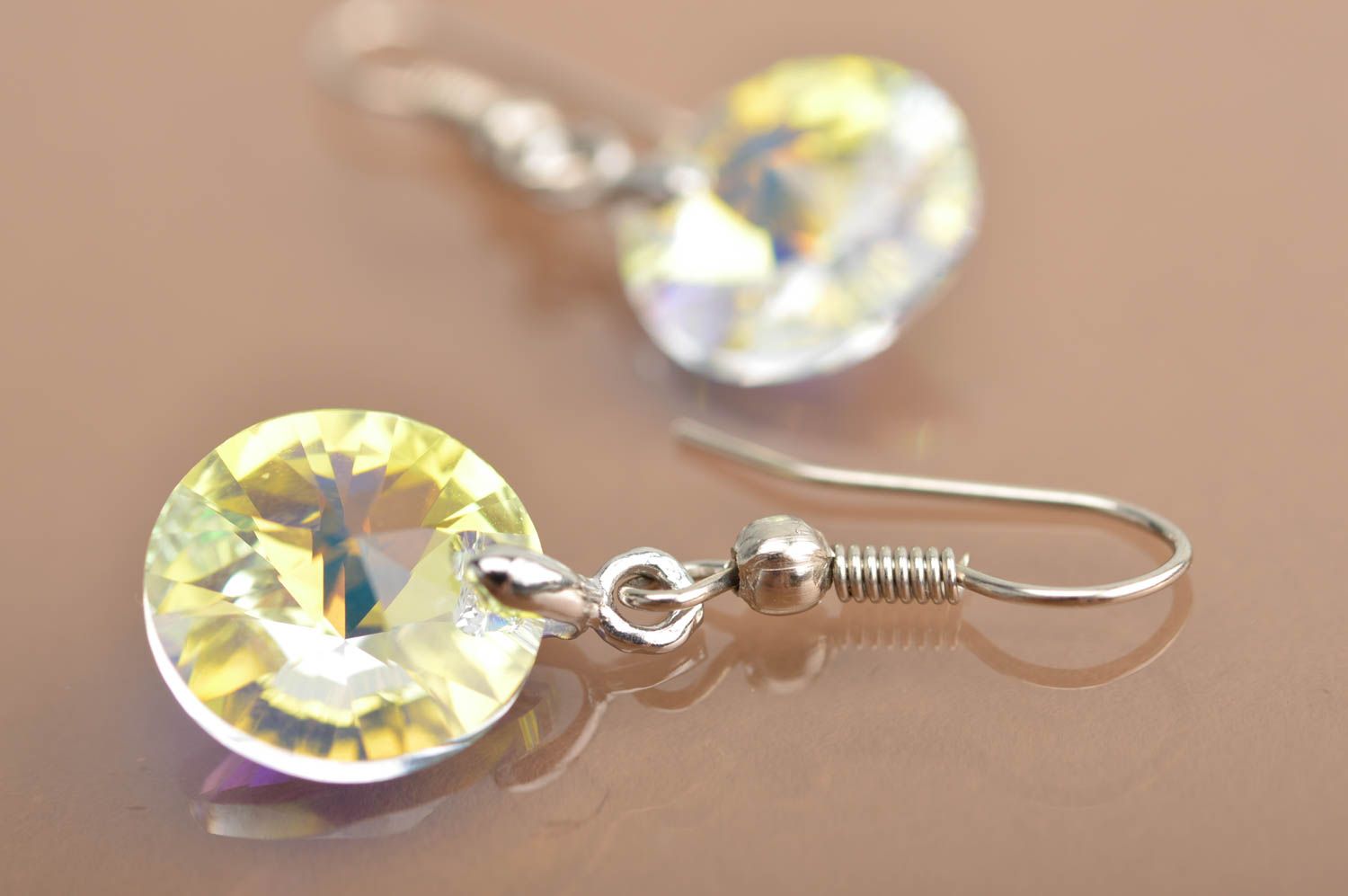 Handmade round designer dangling earrings with crystals Transparent Teardrop photo 5
