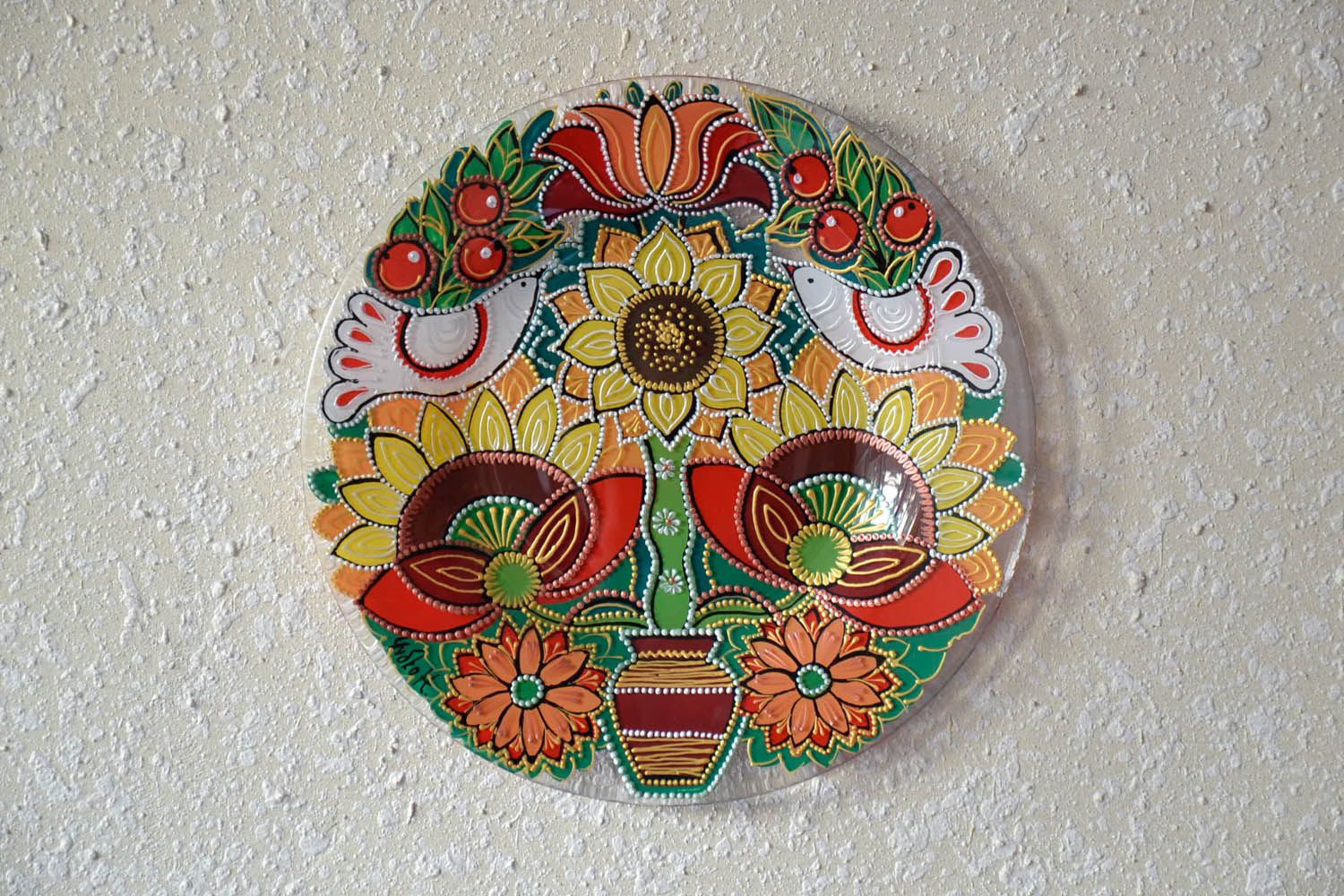 Prato de parede com girassois decorativo de vidro com pintura artesanal decoração do interior foto 1