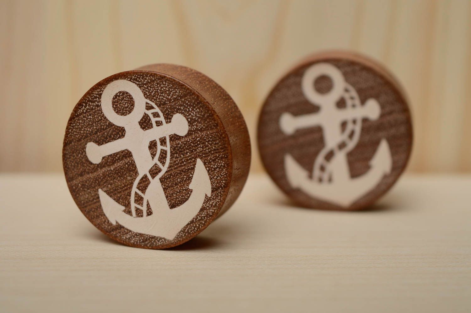 Wooden plug earrings with anchors photo 3