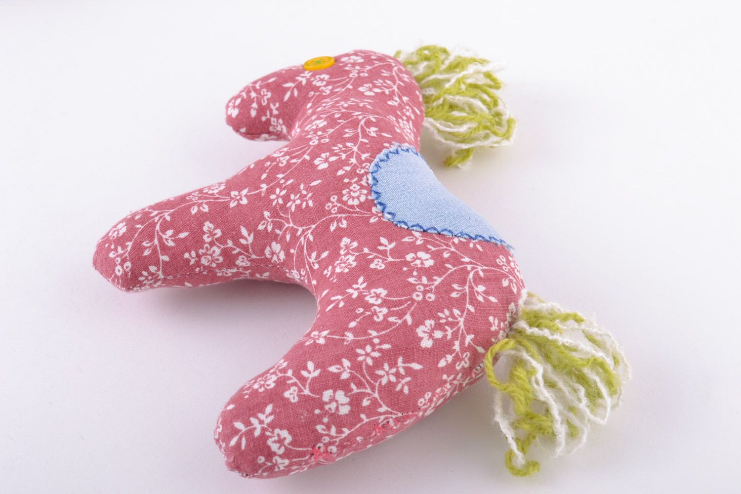 Handmade small soft toy sewn of bright pink patterned fabric horse for baby girl photo 4