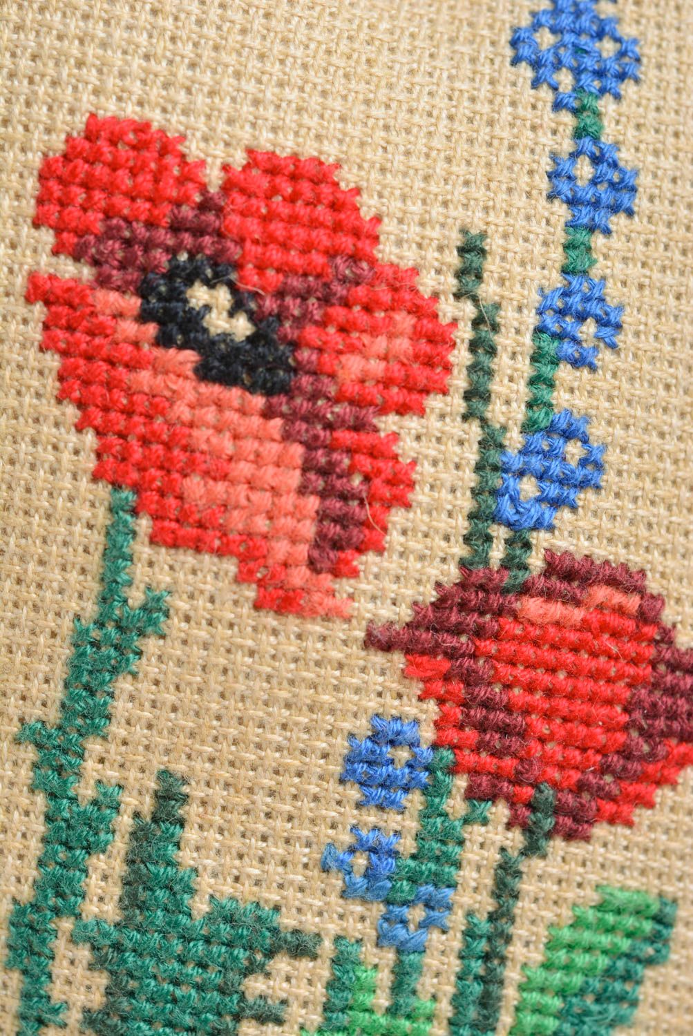 Handmade decorative wall hanging soft fabric heart with embroidered poppies photo 4