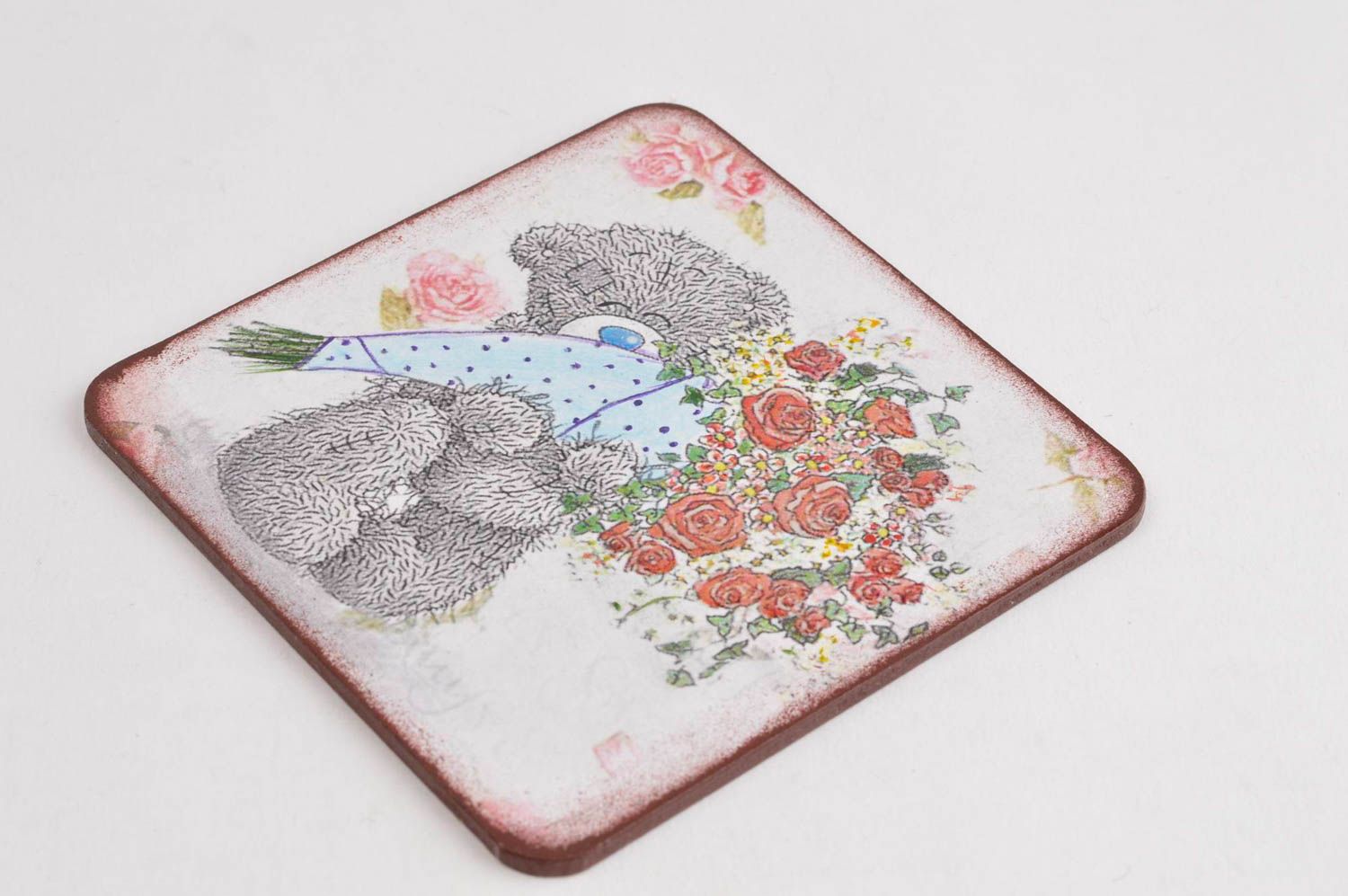 Stand for cup handmade stand dish coaster decor decoupage Bear with flowers photo 2