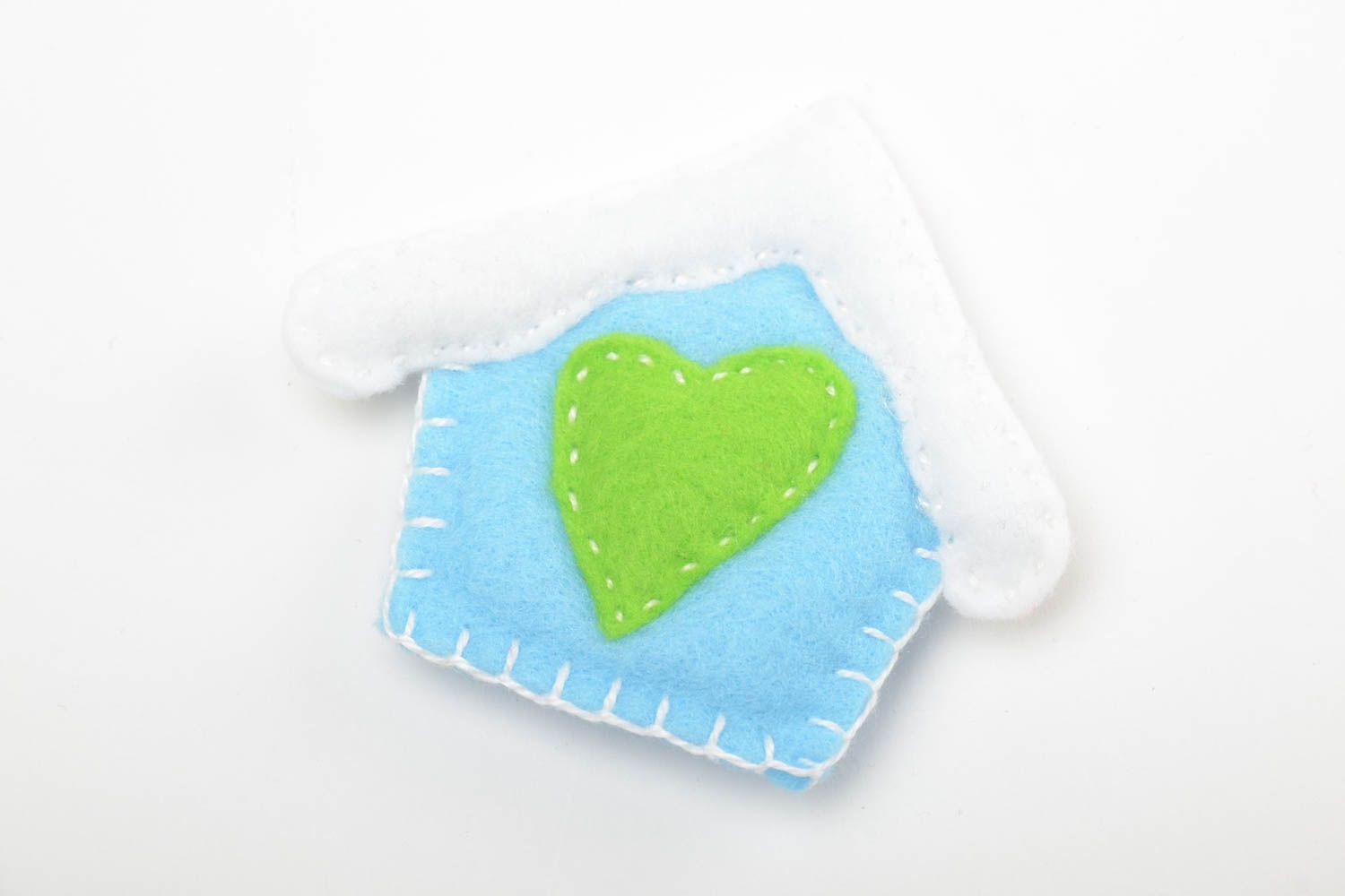 Handmade small flat soft toy sewn of fleece blue house with green heart photo 2