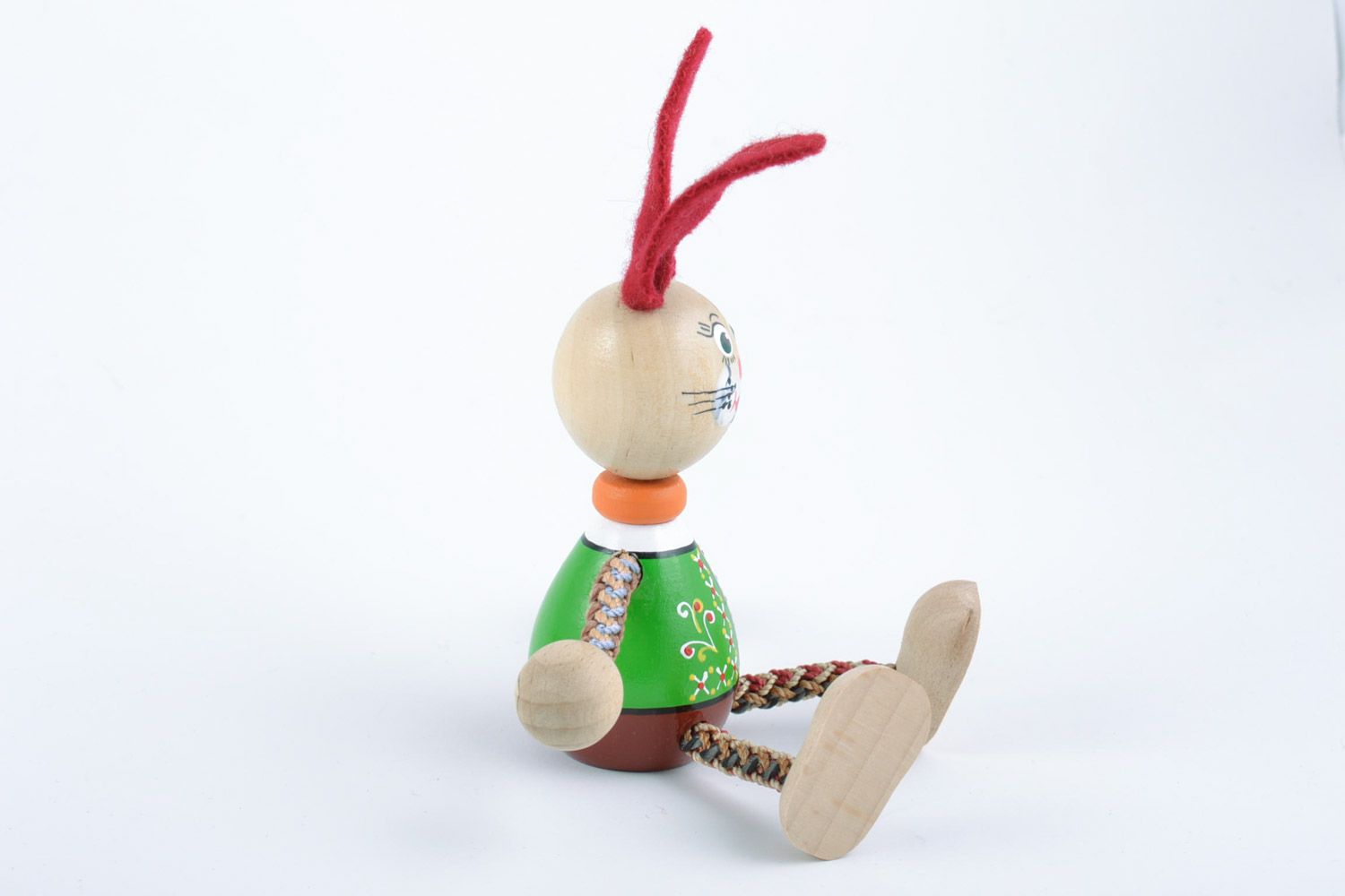 Painted eco friendly wooden homemade eco toy rabbit with red ears for children photo 4
