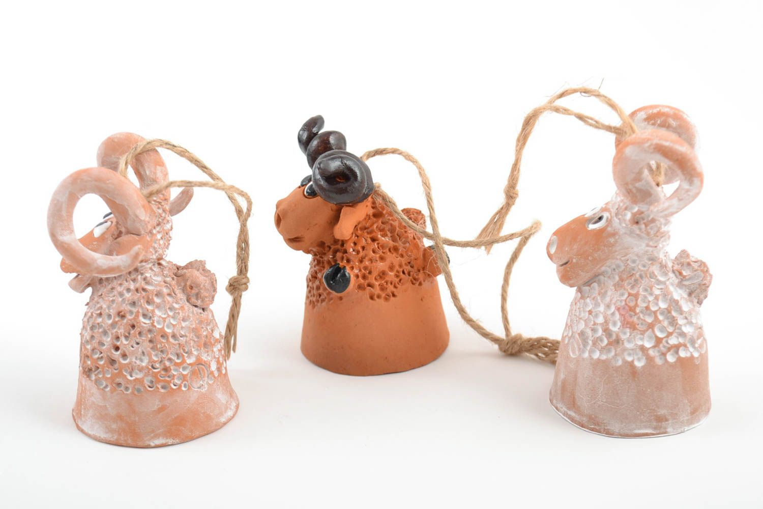 Set of 3 handmade designer ceramic figured bells in the shape of lambs photo 4