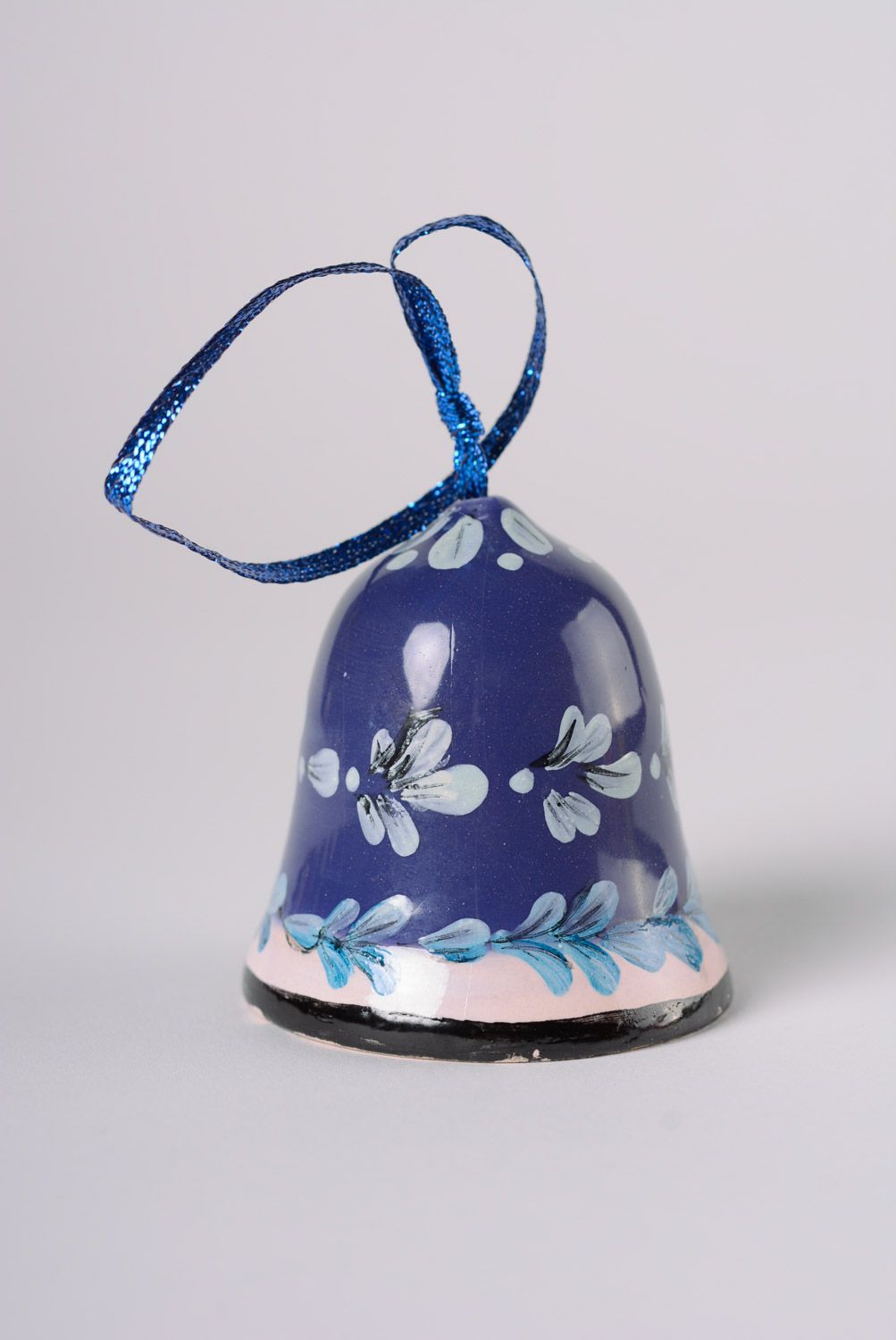 Small handmade decorative glazed maiolica ceramics hanging bell of blue color photo 1