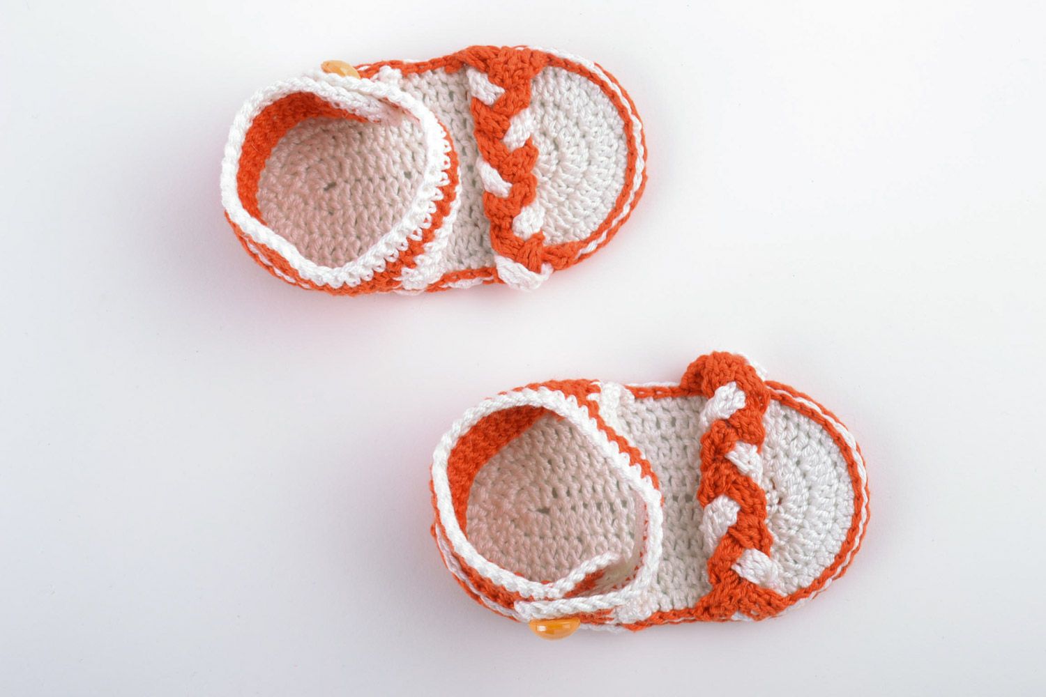 White and orange small handmade knitted baby booties sandals for girl photo 4