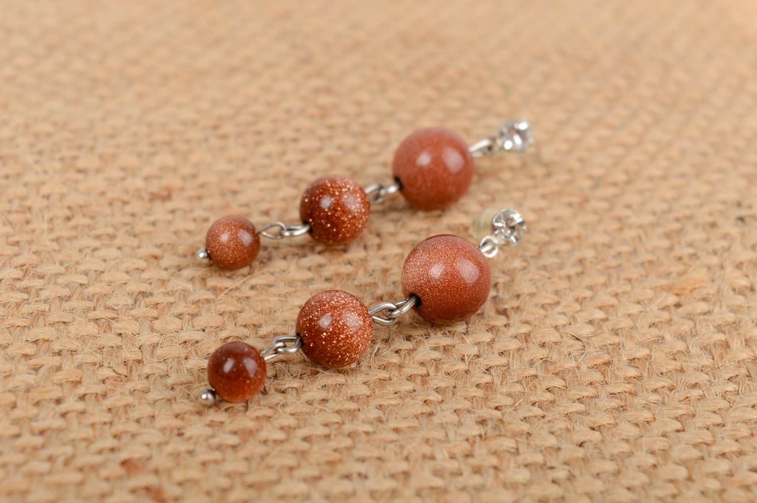 Handmade long dangle earrings with brown aventurine stone beads for ladies photo 1