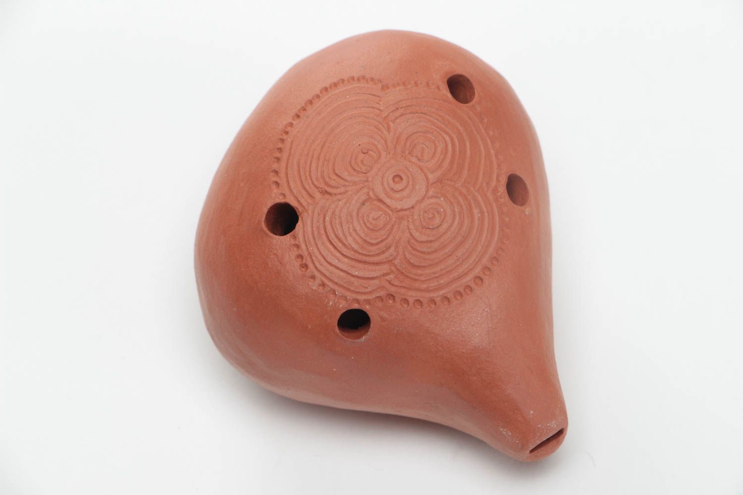 Handmade decorative brown ceramic musical instrument ocarina with ornament photo 2