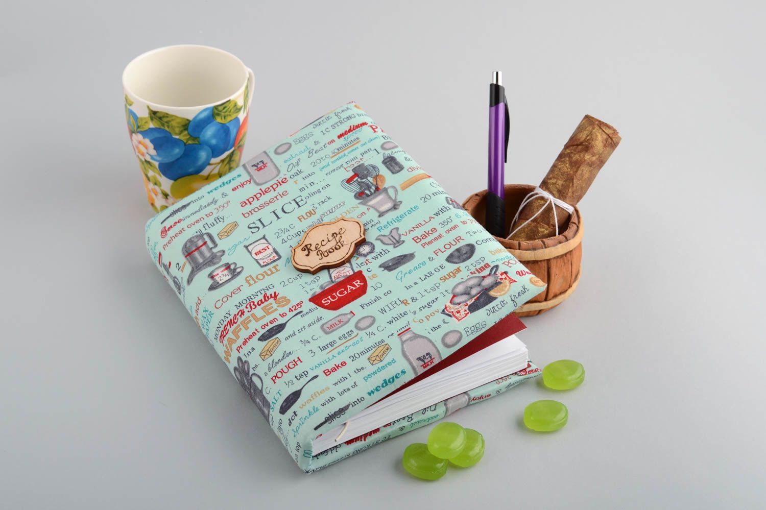 Handmade Notizbuch für Rezepte mit Stoff Hülle Designer Accessoire 104 A5 Seiten foto 1