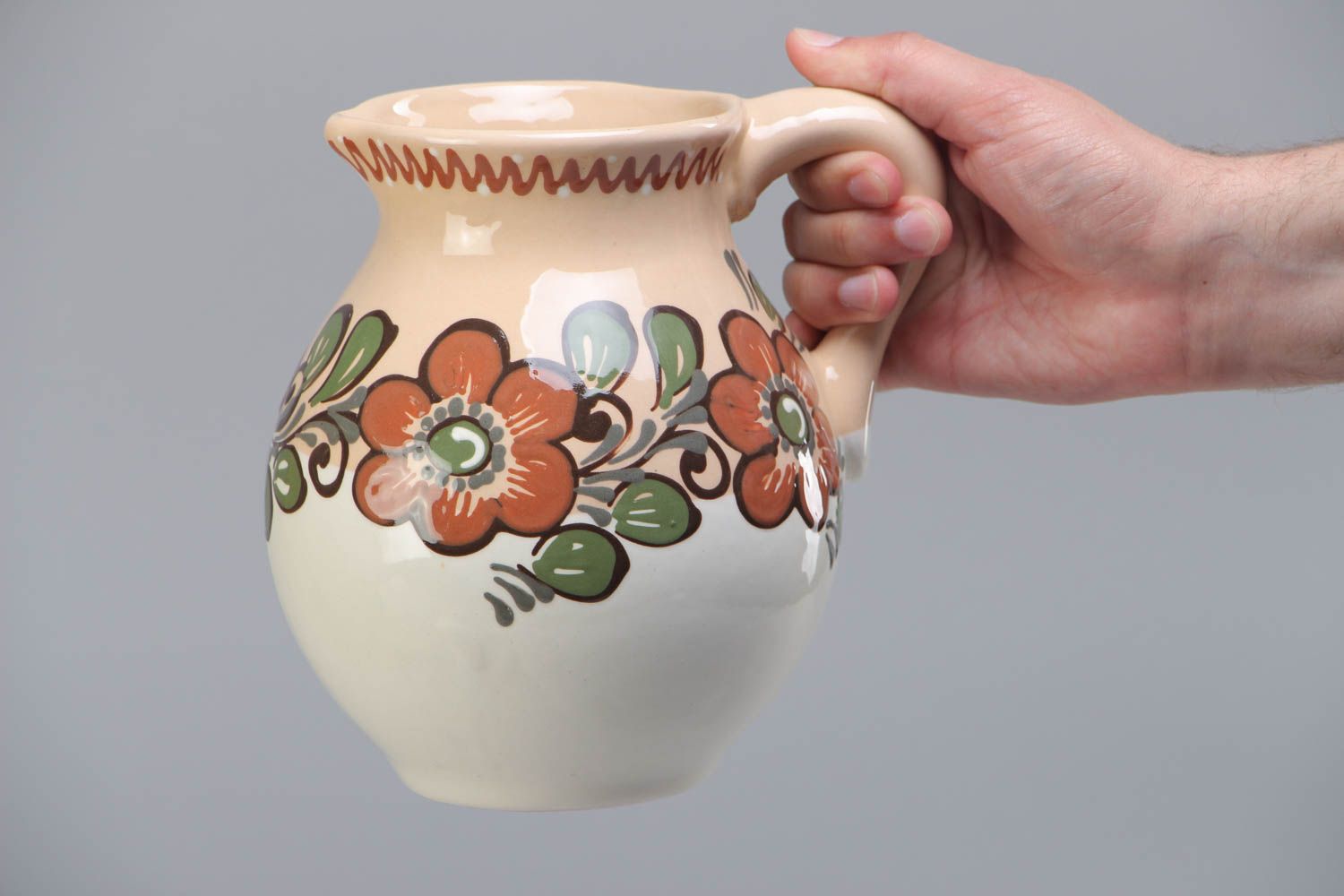 Jarro de barro de cerámica artesanal pintado volumen 2.5 l con ornamento foto 5