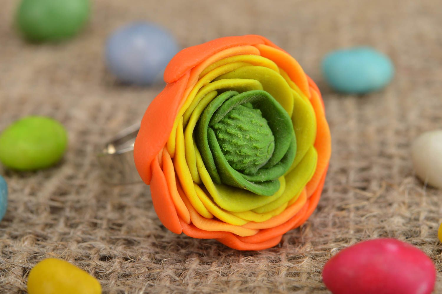 Handmade unique colorful ring made of polymer clay in form of an orange peony photo 1