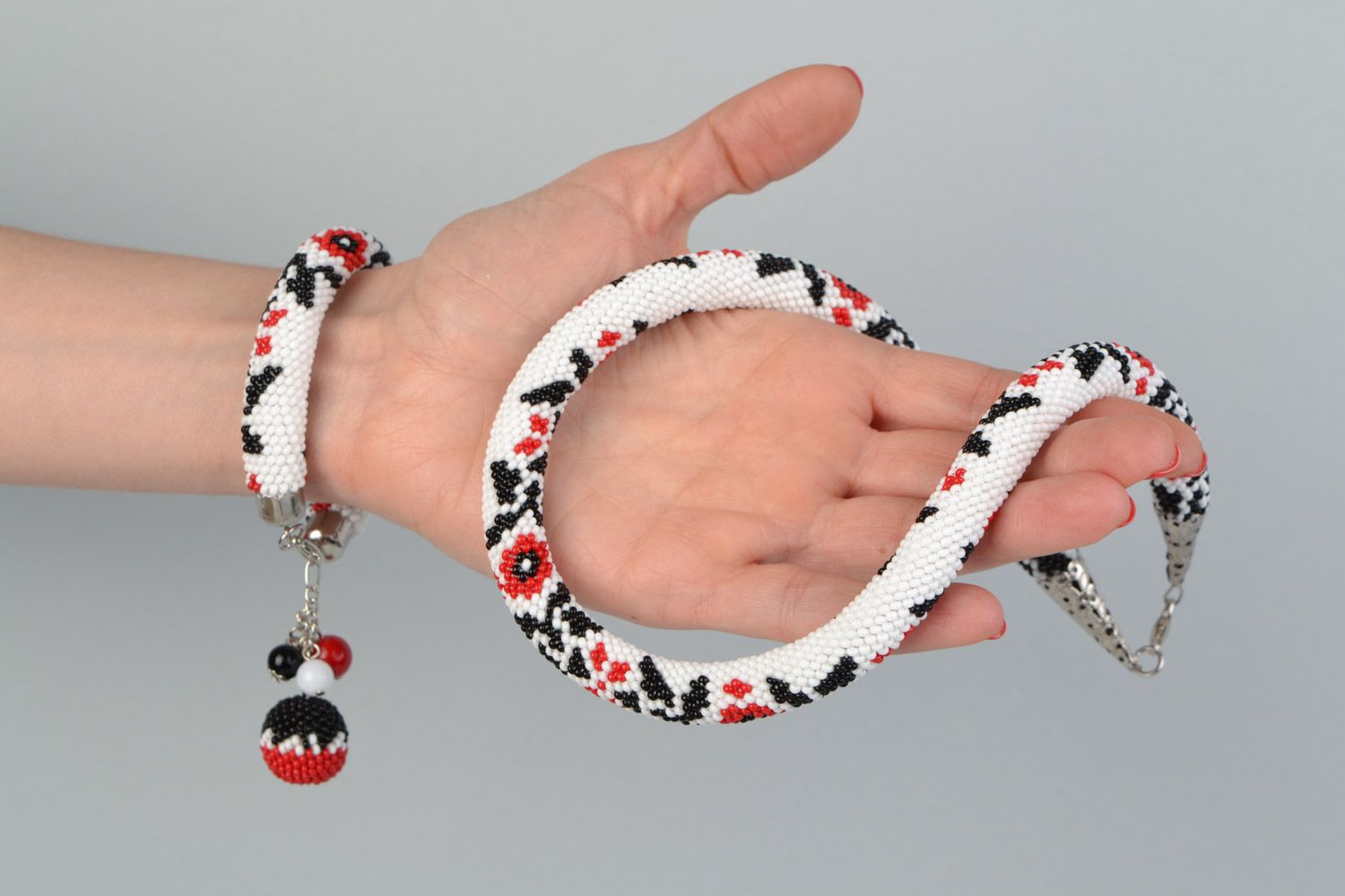 Set of handmade jewelry in ethnic style beaded cord necklace and wrist bracelet photo 2